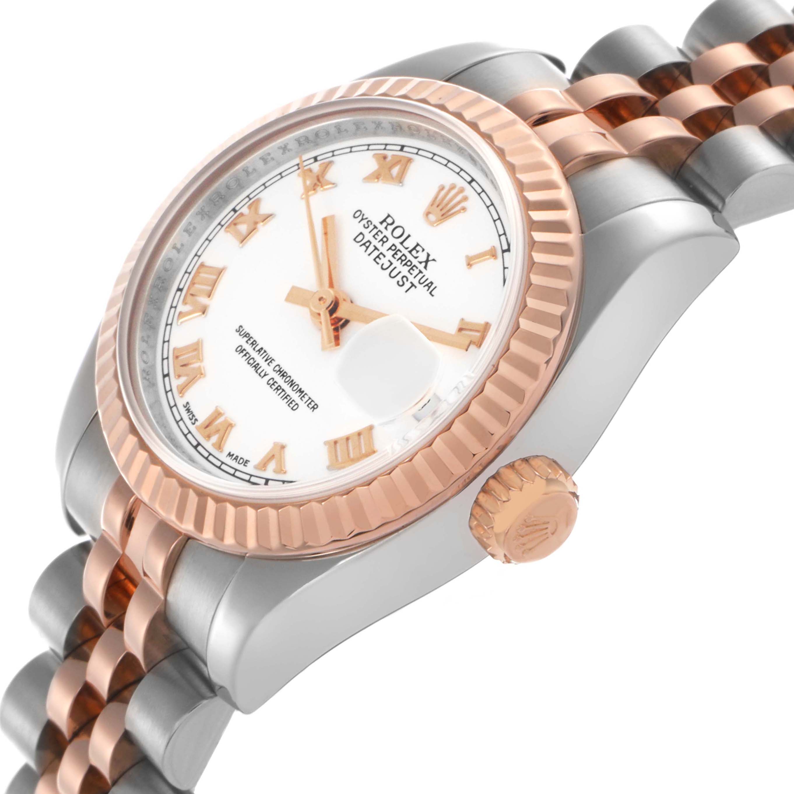 The Rolex Datejust 179171 Women's Steel and Gold (two tone) White Dial 179171 Women's Steel and Gold (two tone) White Dial watch is shown from an angled side view, highlighting the fluted bezel, crown, and part of the bracelet.