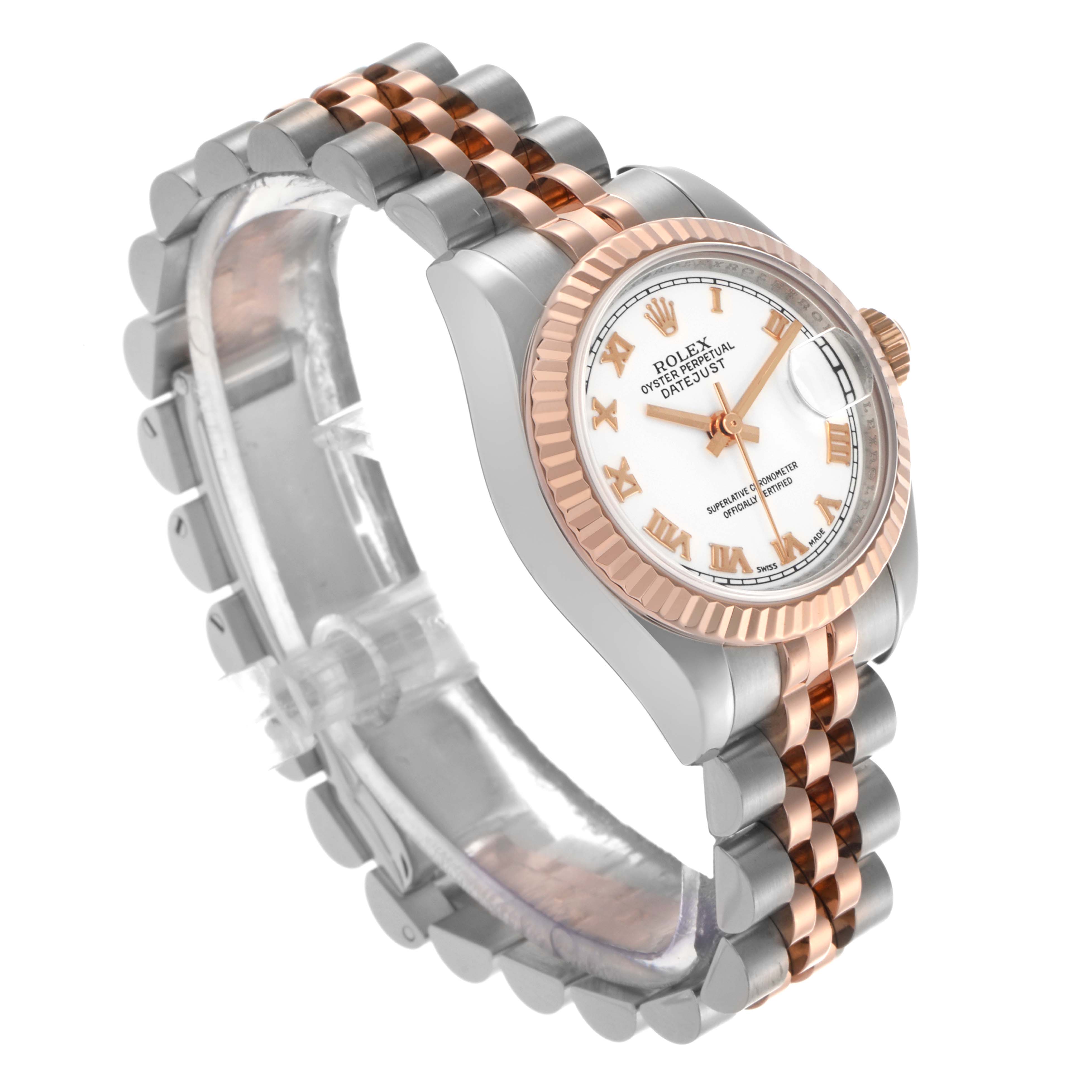 The Rolex Datejust 179171 Women's Steel and Gold (two tone) White Dial 179171 Women's Steel and Gold (two tone) White Dial watch is shown from a three-quarter angle highlighting its dial, jubilee bracelet, and fluted bezel.