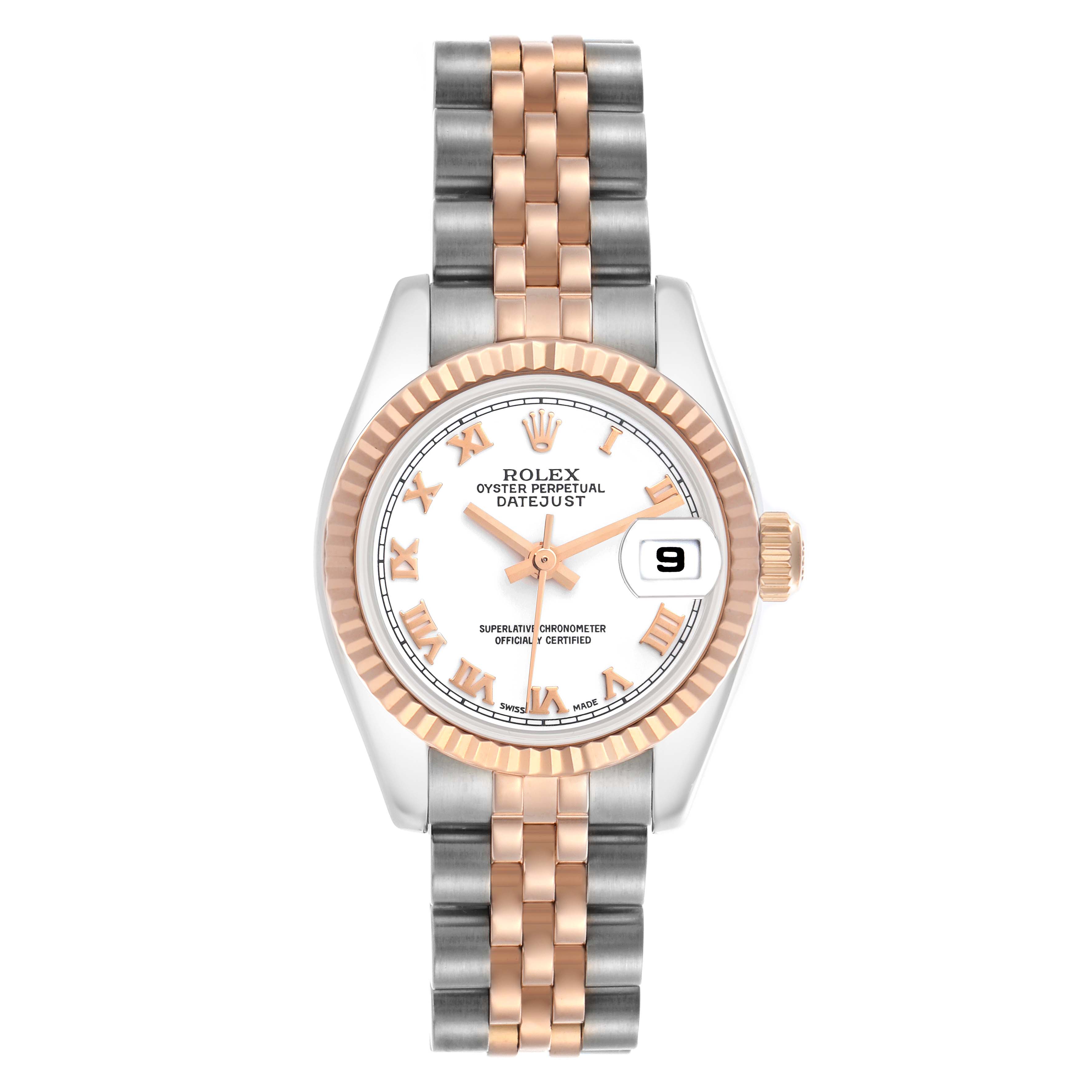 The Rolex Datejust 179171 Women's Steel and Gold (two tone) White Dial 179171 Women's Steel and Gold (two tone) White Dial watch is shown from the front, featuring a two-tone bracelet, fluted bezel, and a date window at 3 o'clock.