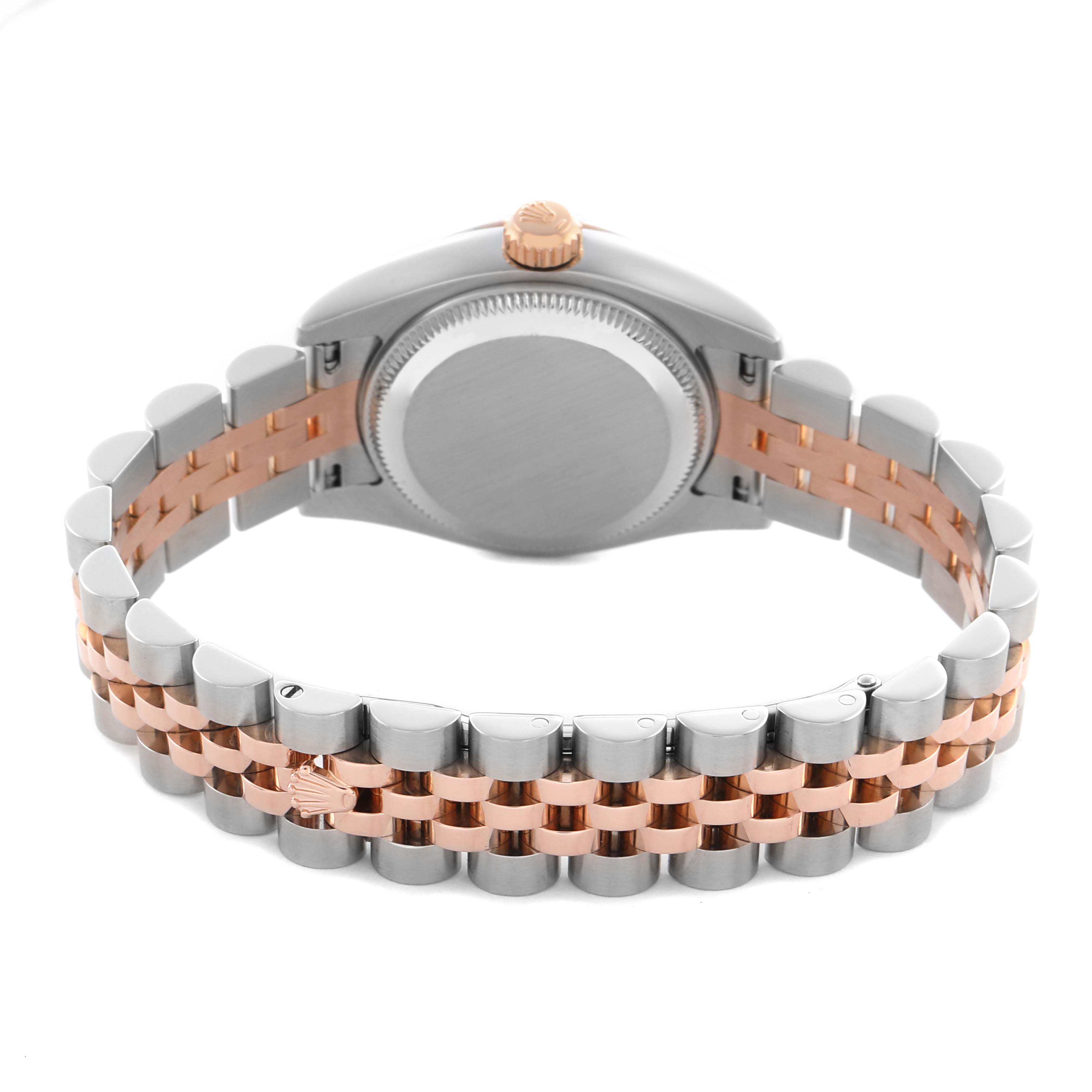 The image shows the back of a Rolex Datejust 179171 Women's Steel and Gold (two tone) White Dial 179171 Women's Steel and Gold (two tone) White Dial watch, highlighting the case back and two-tone bracelet.