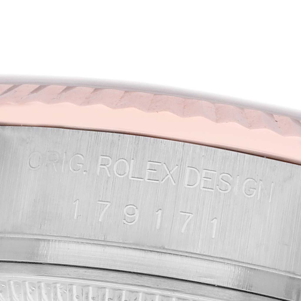 The image shows a close-up of the case side of a Rolex Datejust 179171 Women's Steel and Gold (two tone) White Dial 179171 Women's Steel and Gold (two tone) White Dial, highlighting the engraved model number.