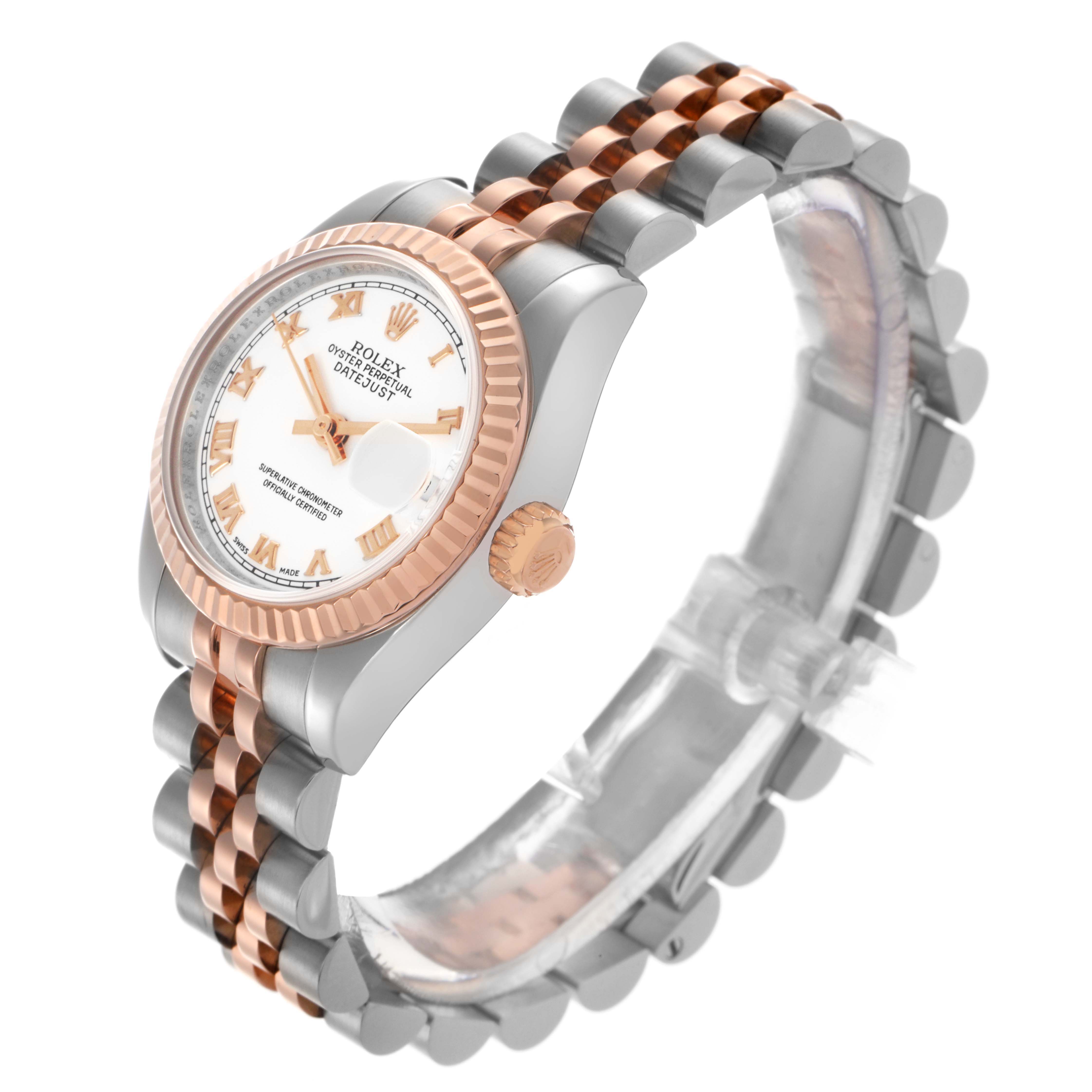 The Rolex Datejust 179171 Women's Steel and Gold (two tone) White Dial 179171 Women's Steel and Gold (two tone) White Dial watch is shown at a three-quarter angle, featuring its bezel, crown, and bracelet links.