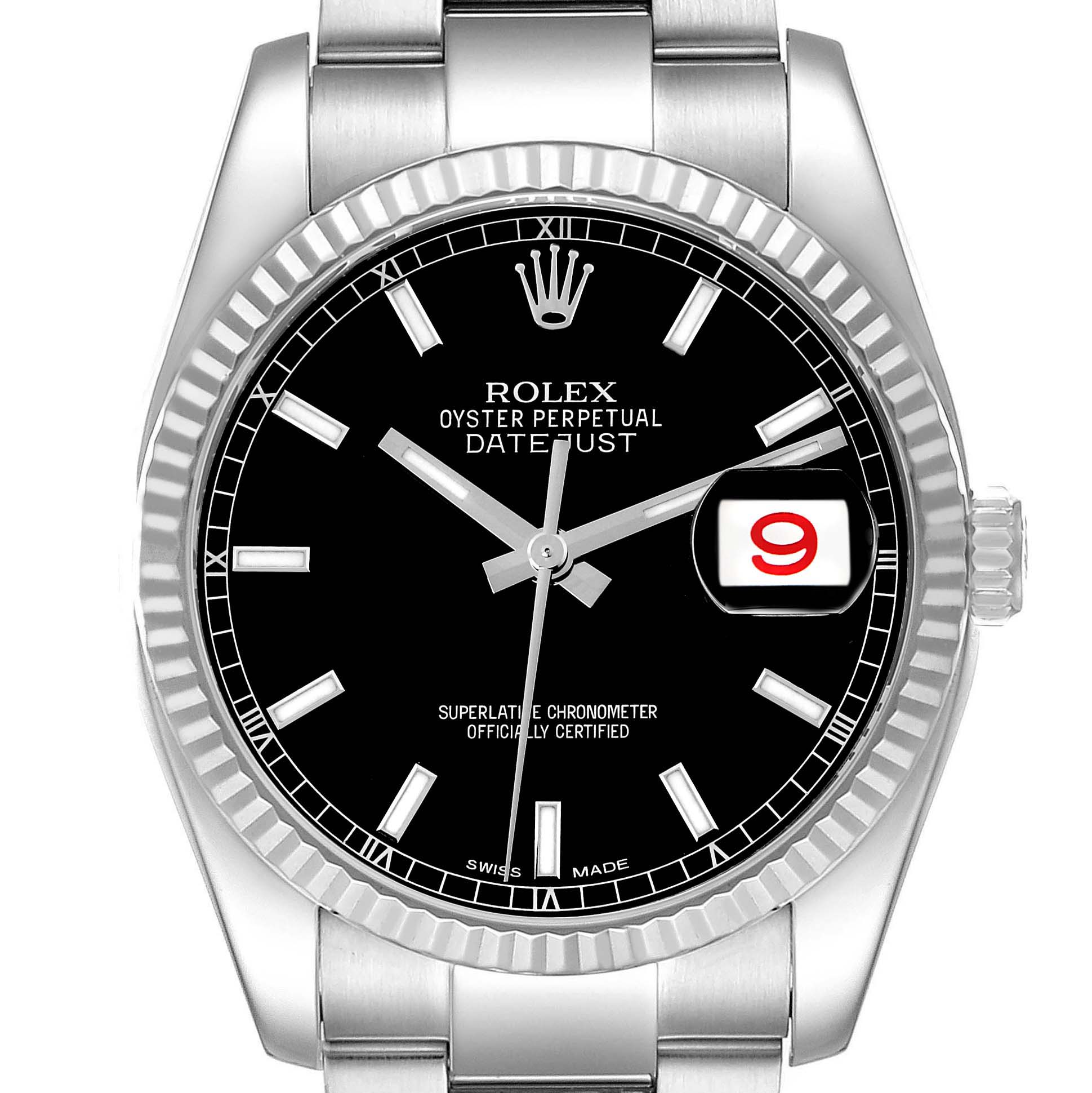 The Rolex Datejust 116234 Men's Stainless Steel Black Dial 116234 Men's Stainless Steel Black Dial model is shown from the front, highlighting the dial, hands, bezel, and bracelet.