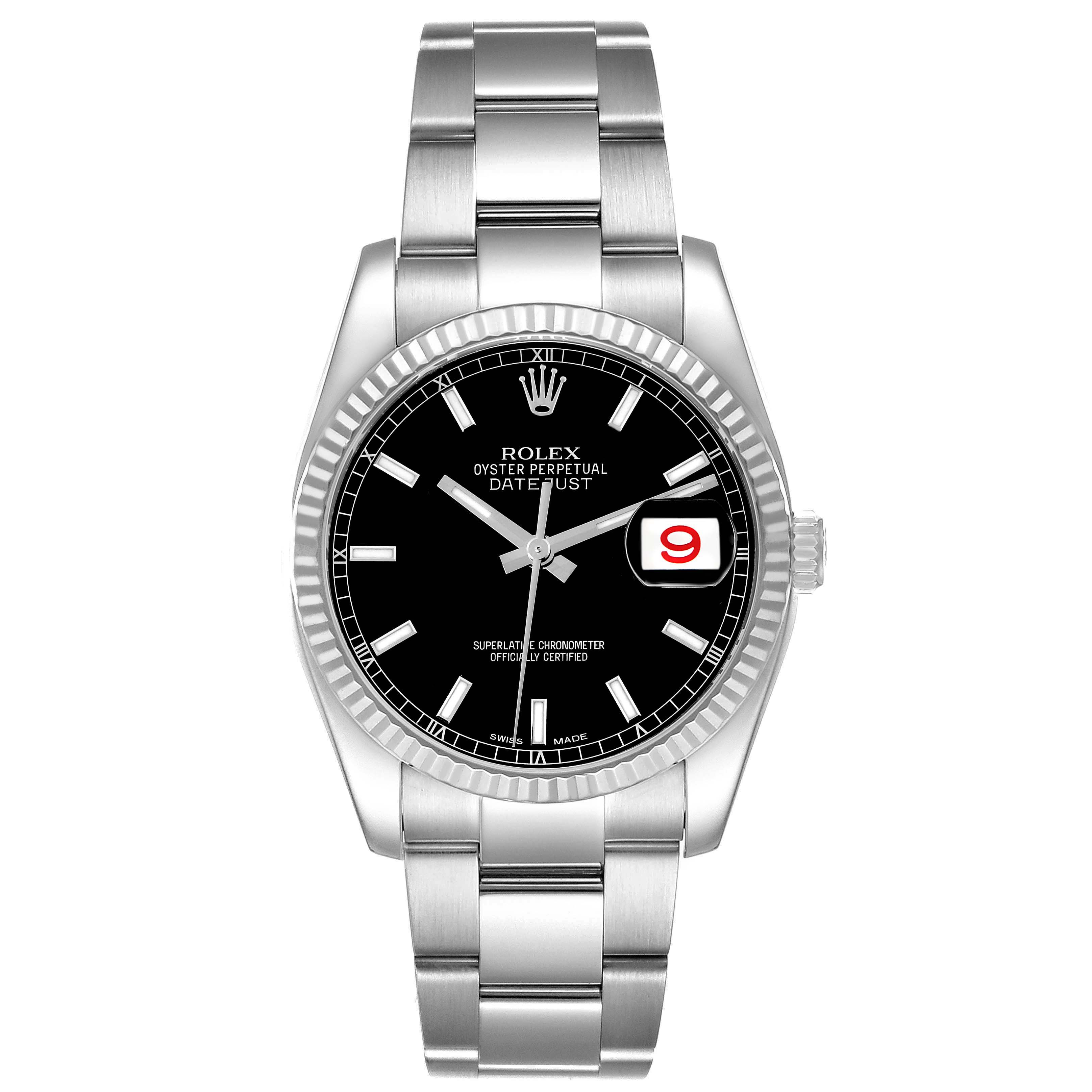 The Rolex Datejust 116234 Men's Stainless Steel Black Dial 116234 Men's Stainless Steel Black Dial watch is shown from the front, highlighting its black dial, fluted bezel, and stainless steel bracelet.