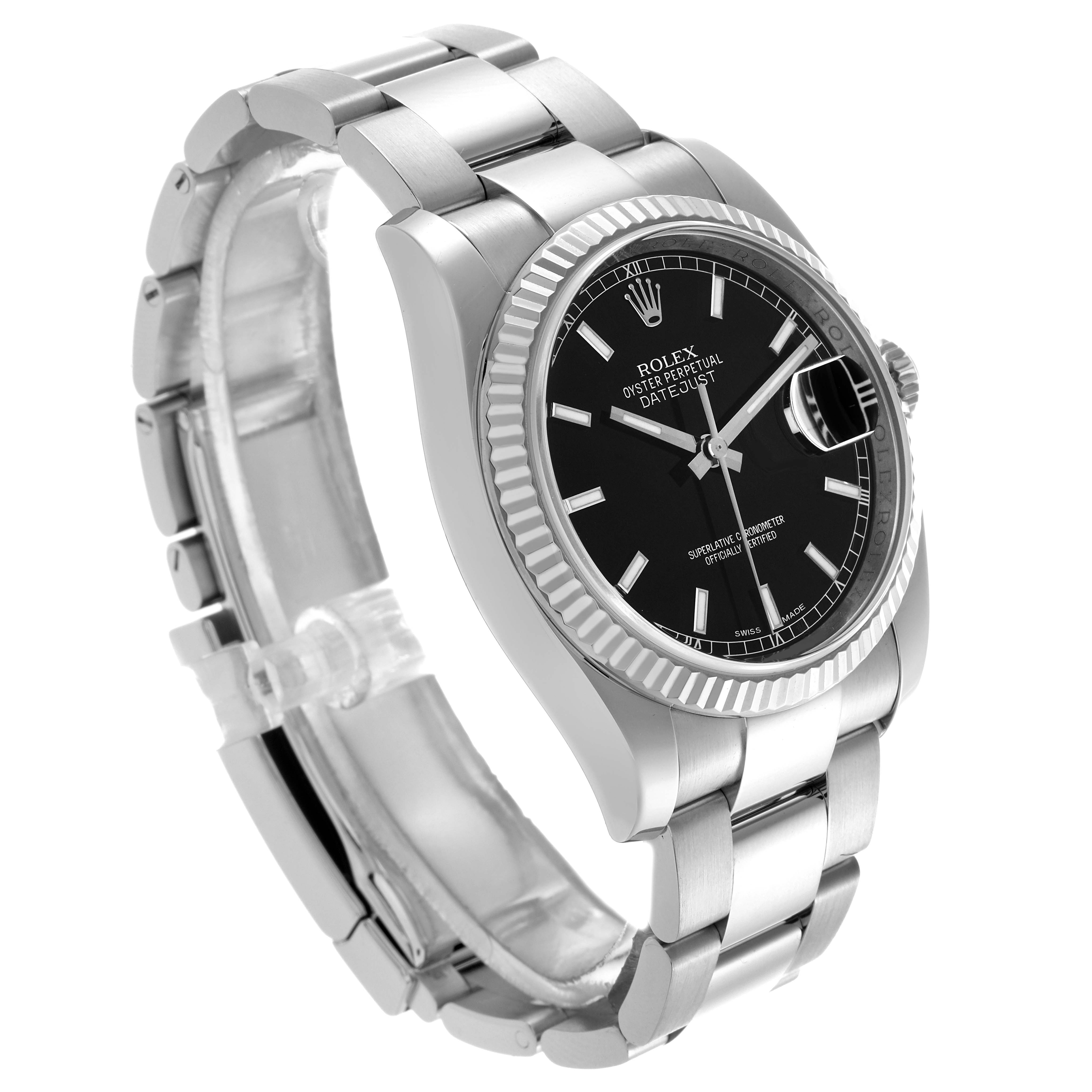 The image shows a Rolex Datejust 116234 Men's Stainless Steel Black Dial 116234 Men's Stainless Steel Black Dial watch at a three-quarter angle, highlighting the bracelet, case, and dial.