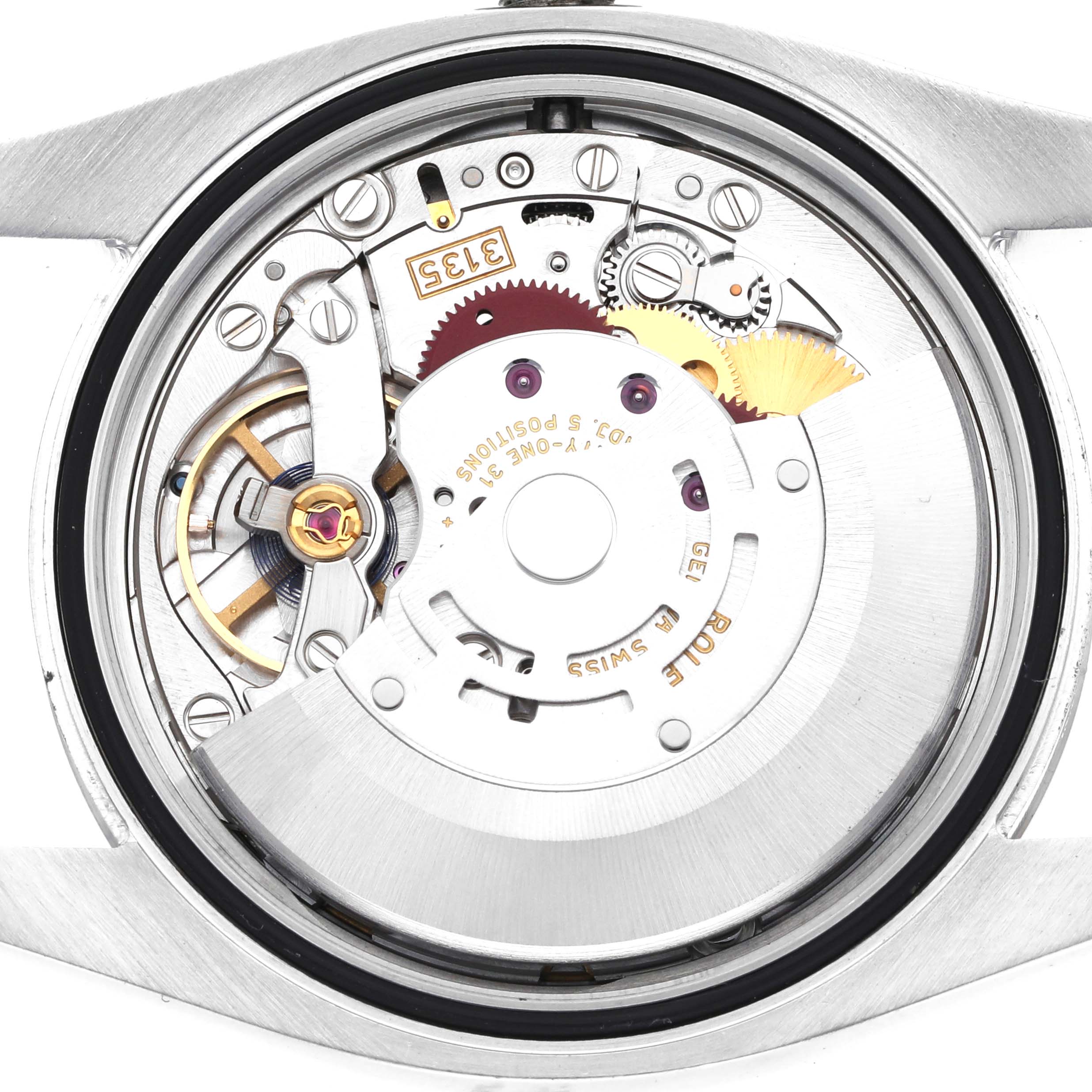 The image shows a Rolex Datejust 116234 Men's Stainless Steel Black Dial 116234 Men's Stainless Steel Black Dial watch from a rear angle, revealing the intricate movement and internal mechanics.