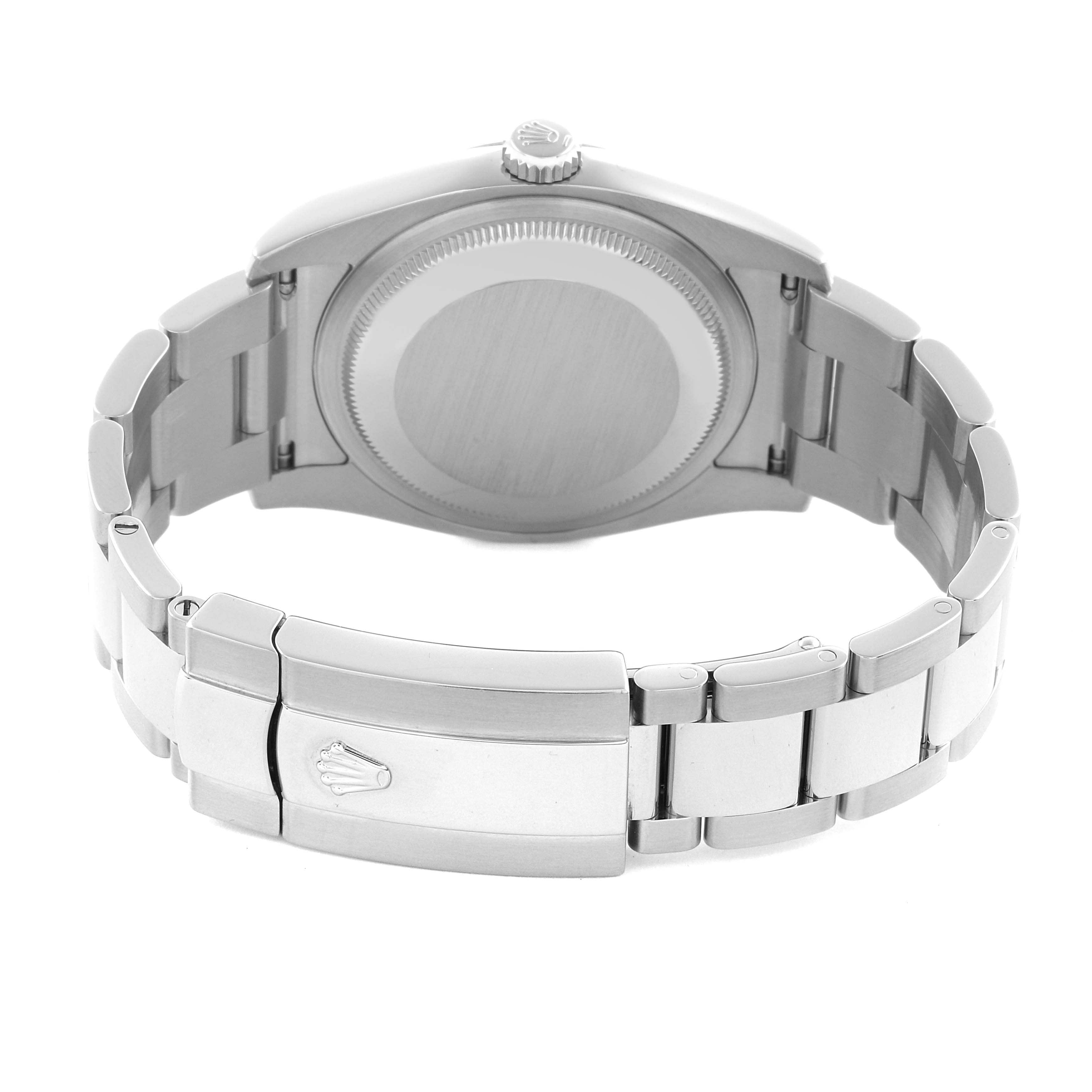 The image shows the back of a Rolex Datejust 116234 Men's Stainless Steel Black Dial 116234 Men's Stainless Steel Black Dial watch, highlighting the case back and bracelet with the clasp visible.