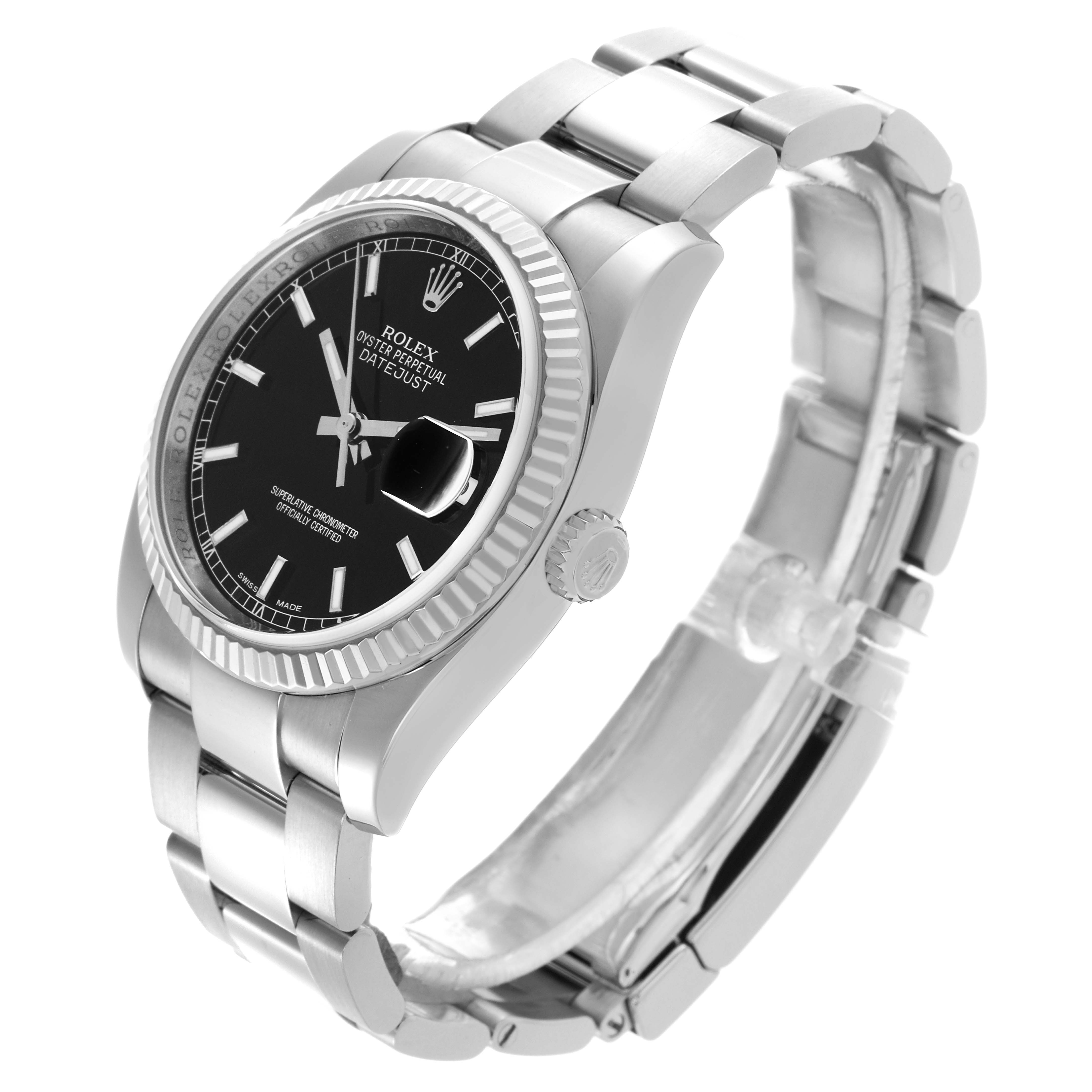The Rolex Datejust 116234 Men's Stainless Steel Black Dial 116234 Men's Stainless Steel Black Dial watch is shown at a three-quarter angle, highlighting the black dial, fluted bezel, and stainless steel bracelet.