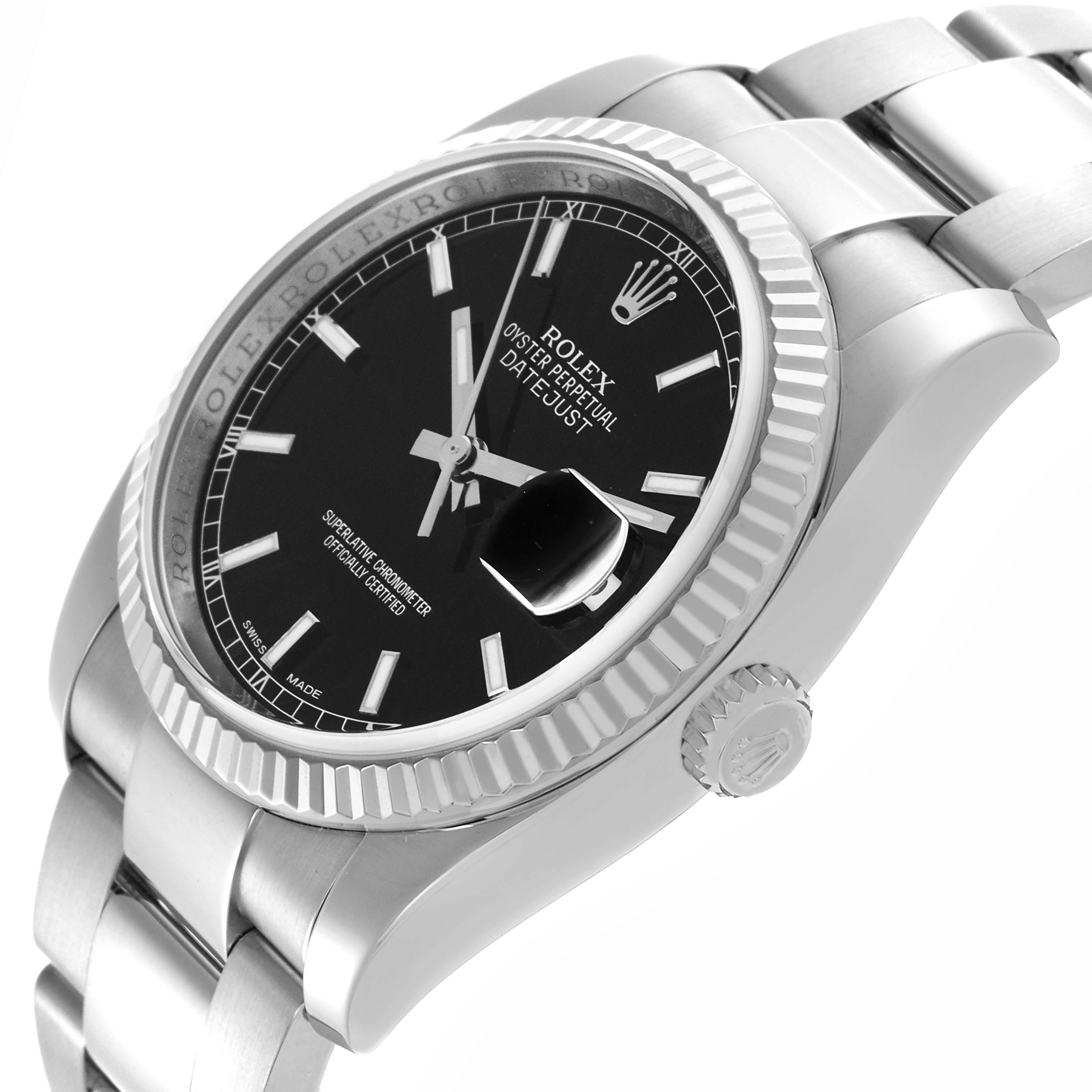 The Rolex Datejust 116234 Men's Stainless Steel Black Dial 116234 Men's Stainless Steel Black Dial watch is shown at an angled side view, highlighting the black dial, fluted bezel, Cyclops lens, and bracelet.