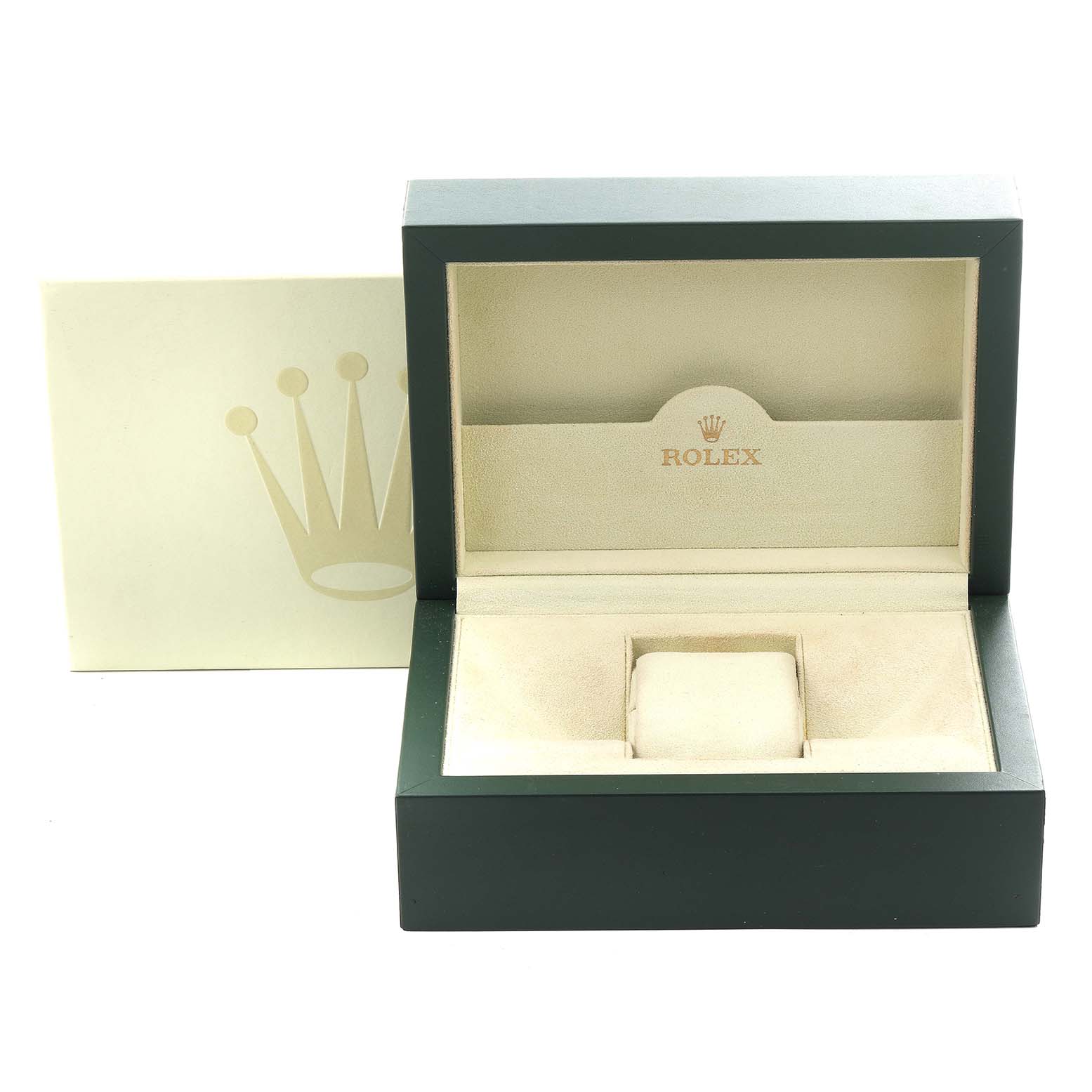 The image shows an open Rolex Datejust 116234 Men's Stainless Steel Black Dial 116234 Men's Stainless Steel Black Dial watch box and outer packaging, angled to display the interior.