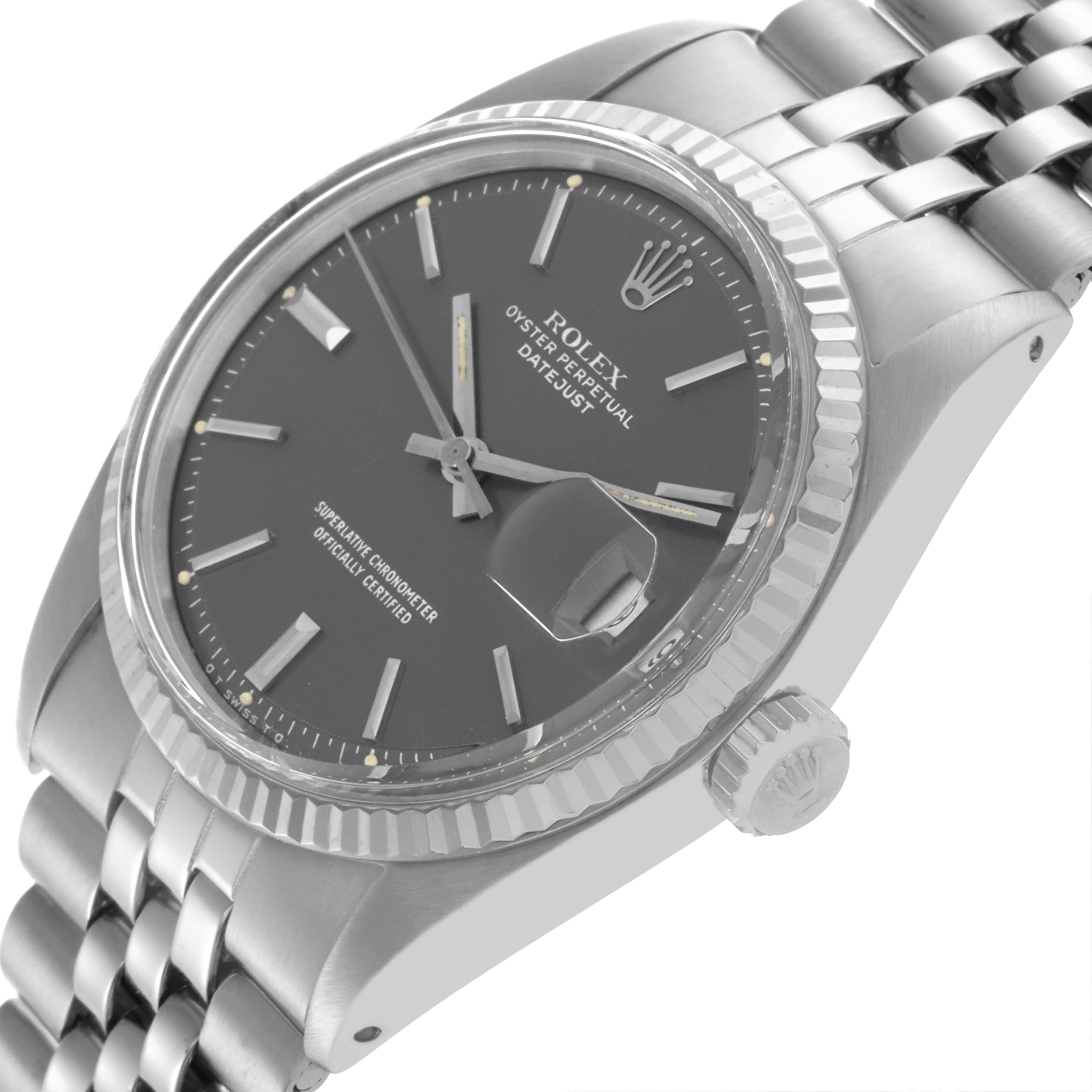 The Rolex Datejust 1601 Men's Stainless Steel Grey Dial 1601 Men's Stainless Steel Grey Dial watch is shown at a slight angle displaying the face, bezel, crown, and part of the bracelet.