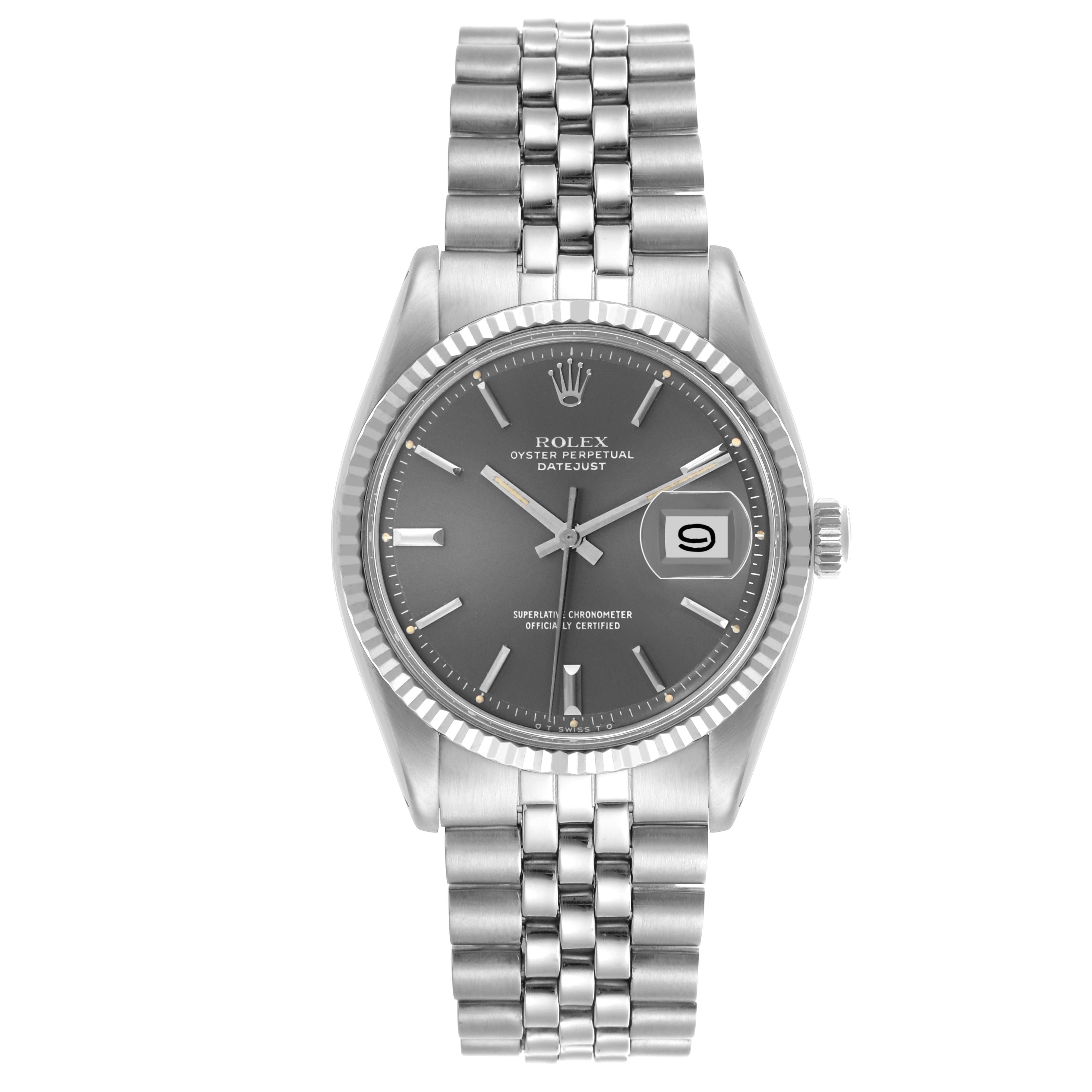 The Rolex Datejust 1601 Men's Stainless Steel Grey Dial 1601 Men's Stainless Steel Grey Dial watch is shown from a frontal view, displaying the dial, bezel, and bracelet clearly.