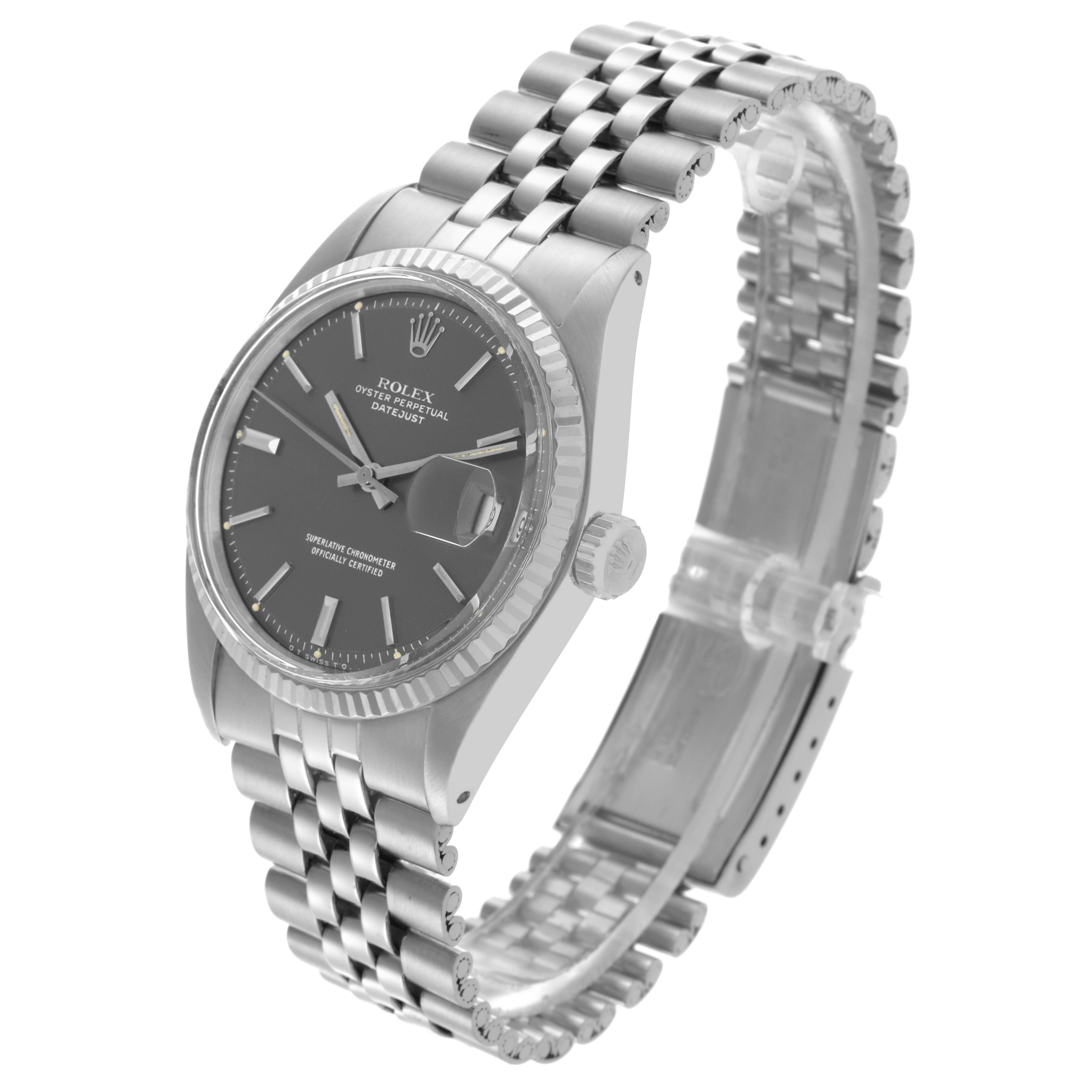 The Rolex Datejust 1601 Men's Stainless Steel Grey Dial 1601 Men's Stainless Steel Grey Dial watch is shown from a three-quarter angle, highlighting the dial, bezel, crown, and jubilee bracelet.