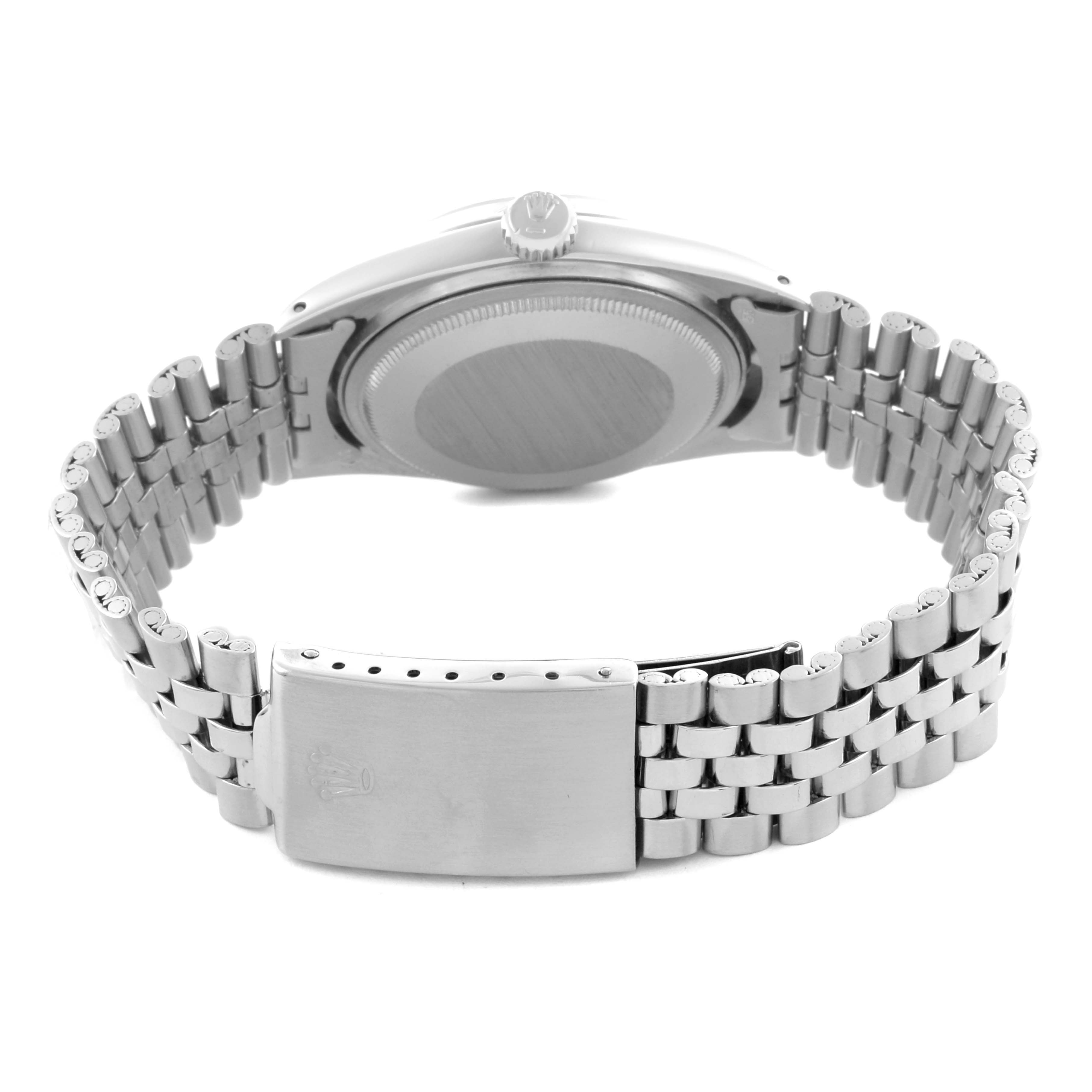 The image shows a Rolex Datejust 1601 Men's Stainless Steel Grey Dial 1601 Men's Stainless Steel Grey Dial watch from the back, highlighting the case back and Jubilee bracelet with clasp.