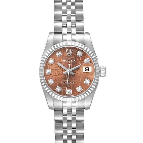 The Rolex Datejust 179174 Women's Stainless Steel Pink Dial watch is shown from a frontal angle, highlighting the dial, bracelet, and date feature.