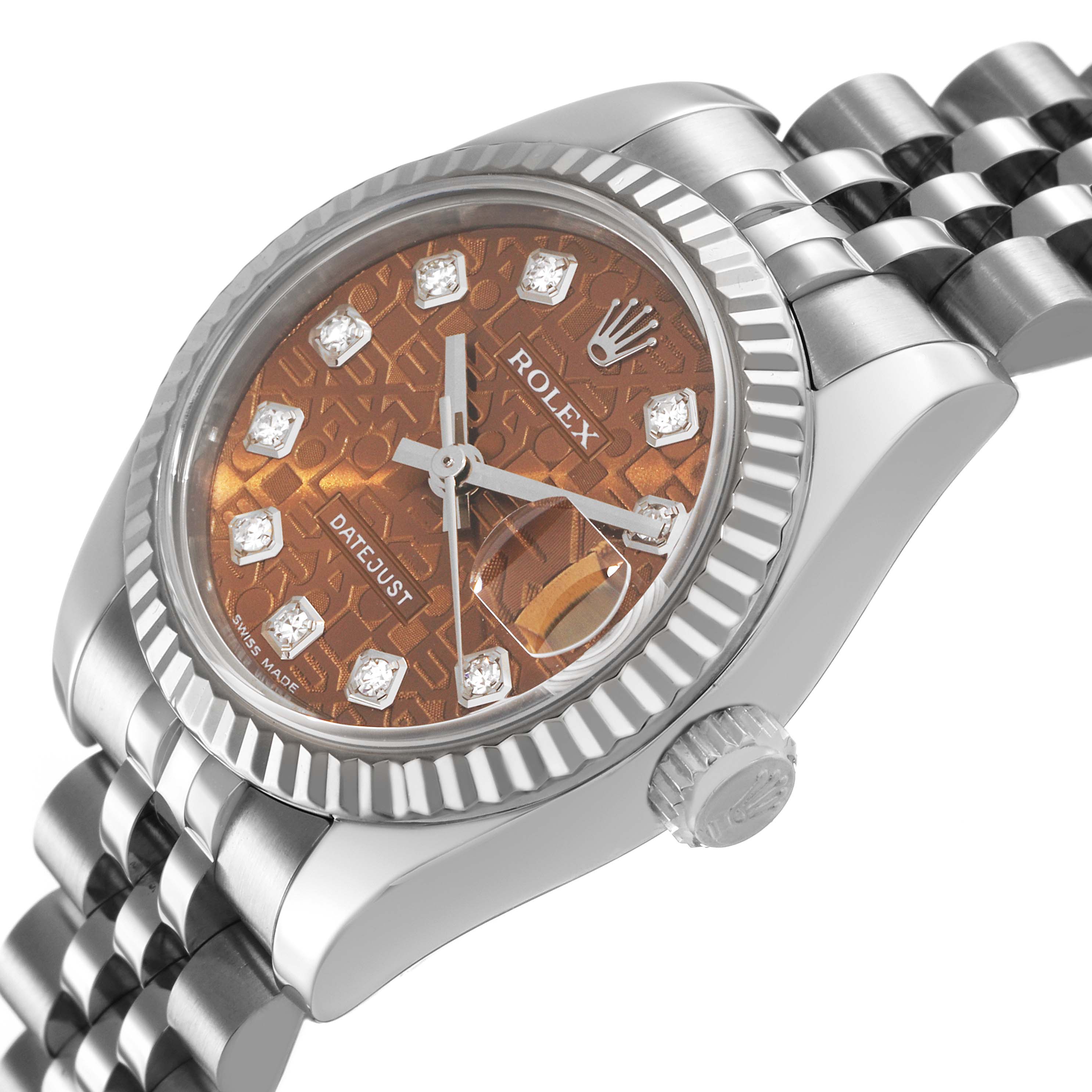 The Rolex Datejust 179174 Women's Stainless Steel Pink Dial watch is shown at a three-quarter angle, highlighting the brown textured dial, fluted bezel, and crown.