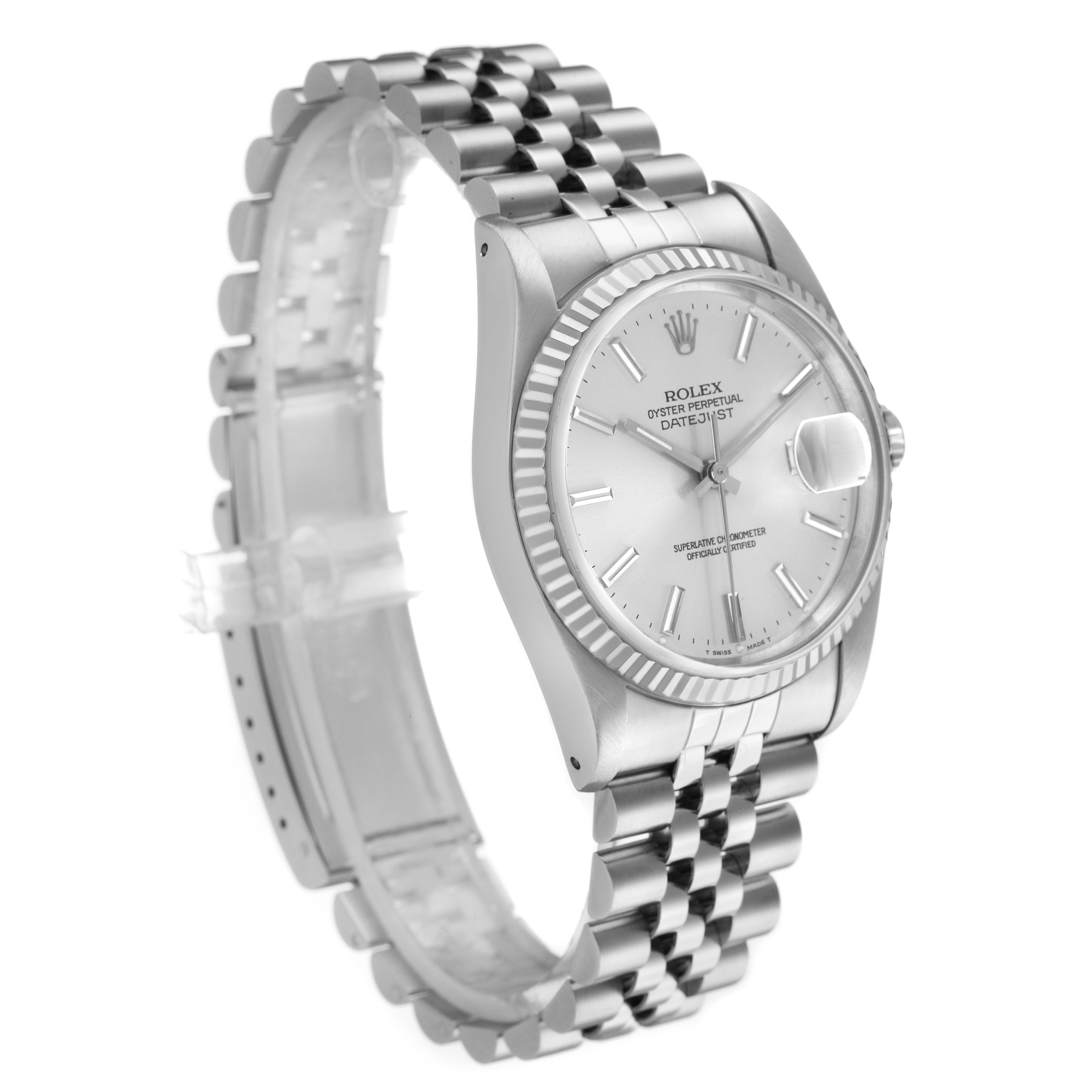 The Rolex Datejust 16234 Men's Steel and Gold (two tone) Silver Dial is shown at a three-quarter angle, highlighting the face, bezel, and bracelet.