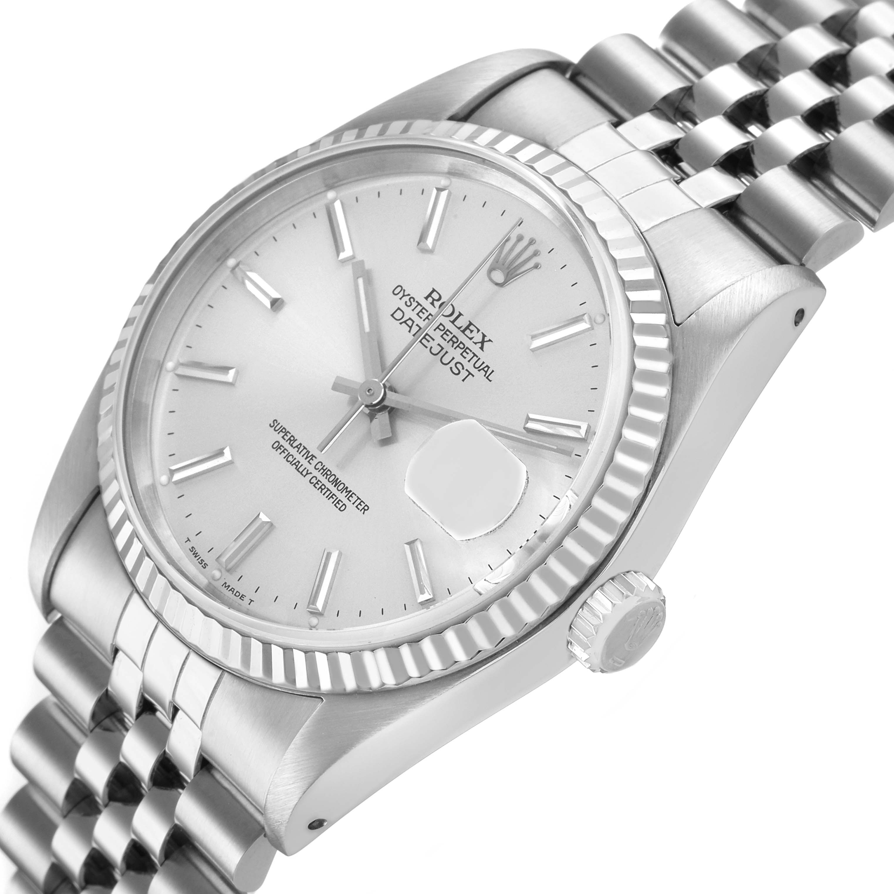 The Rolex Datejust 16234 Men's Steel and Gold (two tone) Silver Dial watch is shown at a slight angle displaying the dial, fluted bezel, crown, and bracelet.