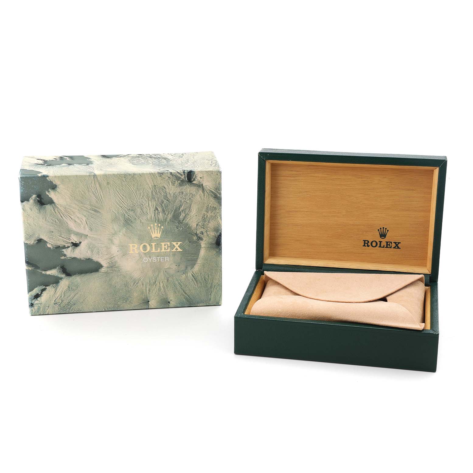 The image shows the outer box and open presentation box for the Rolex Datejust 16234 Men's Steel and Gold (two tone) Silver Dial watch.