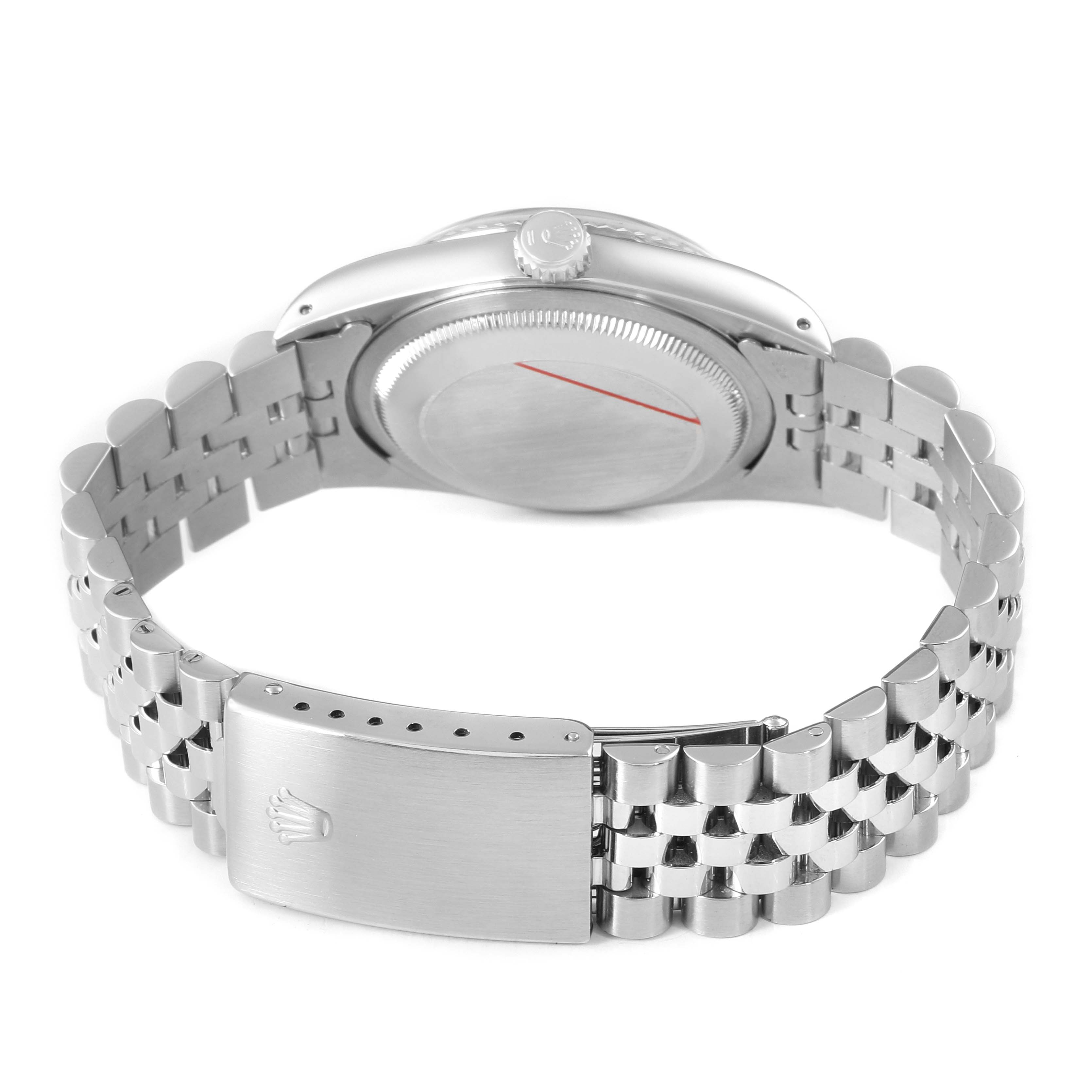 The image shows the back and side of a Rolex Datejust 16234 Men's Steel and Gold (two tone) Silver Dial, featuring the case, crown, and Jubilee bracelet with clasp.