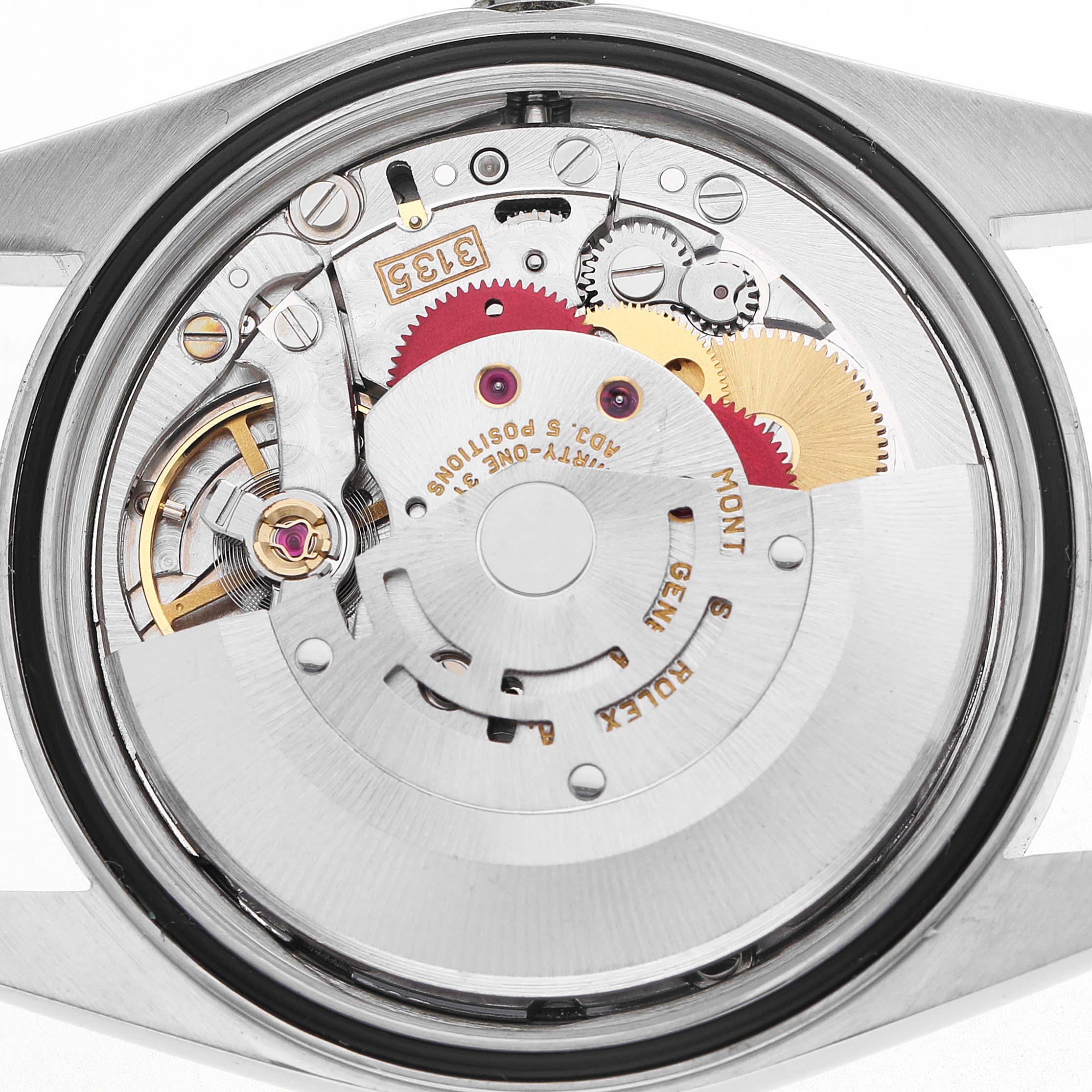The image shows the movement of a Rolex Datejust 16234 Men's Steel and Gold (two tone) Silver Dial watch from the back, focusing on the intricate gears and components.