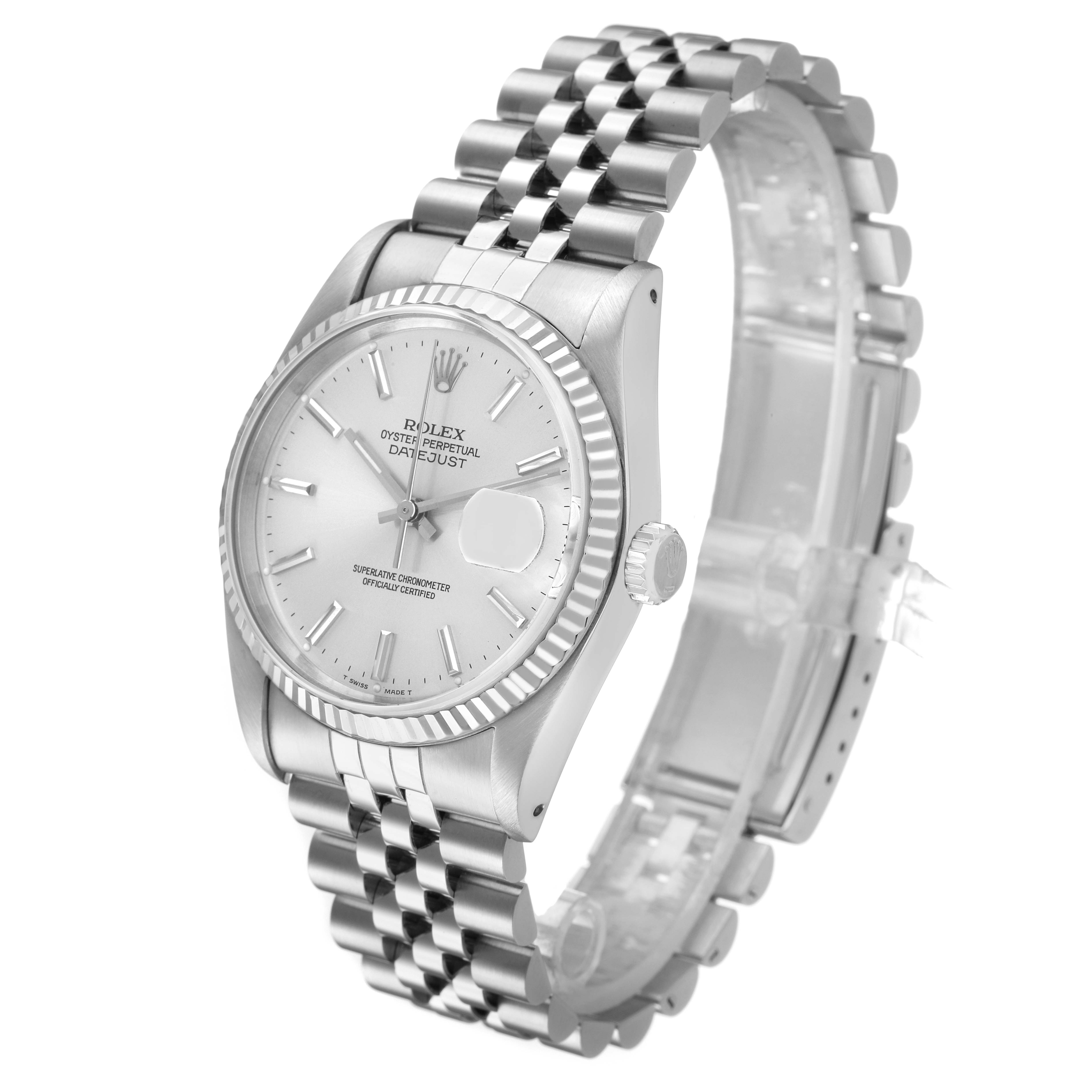 The Rolex Datejust 16234 Men's Steel and Gold (two tone) Silver Dial watch is shown at a three-quarter angle, displaying the face, fluted bezel, crown, and Jubilee bracelet.