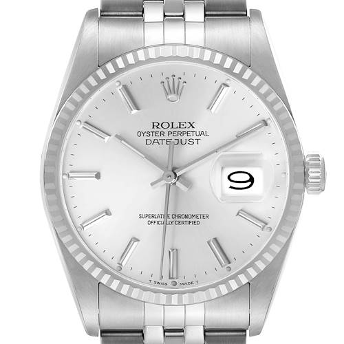 The Rolex Datejust 16234 Men's Steel and Gold (two tone) Silver Dial is shown from the front, highlighting the dial, bezel, hands, bracelet, and crown.