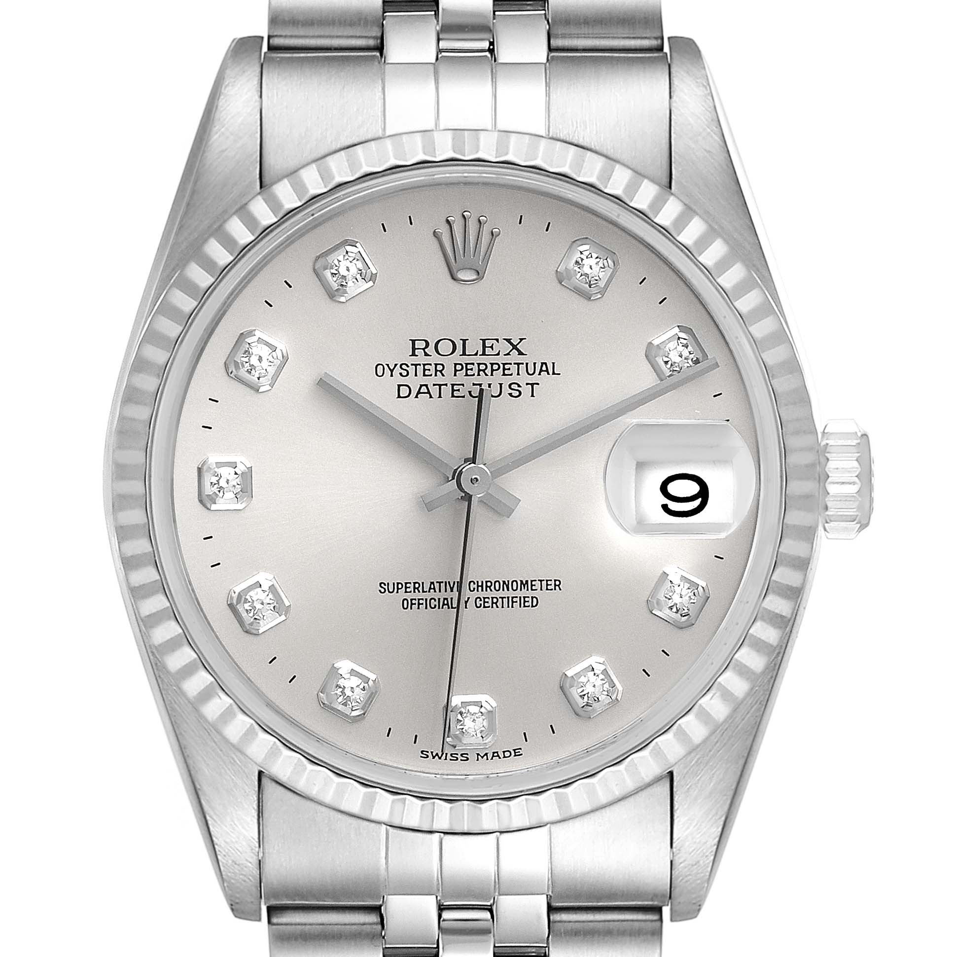 The Rolex Datejust 16234 Men's Stainless Steel Silver Dial 16234 Men's Stainless Steel Silver Dial watch is shown in a front-facing angle, displaying the full dial, bezel, and part of the bracelet.