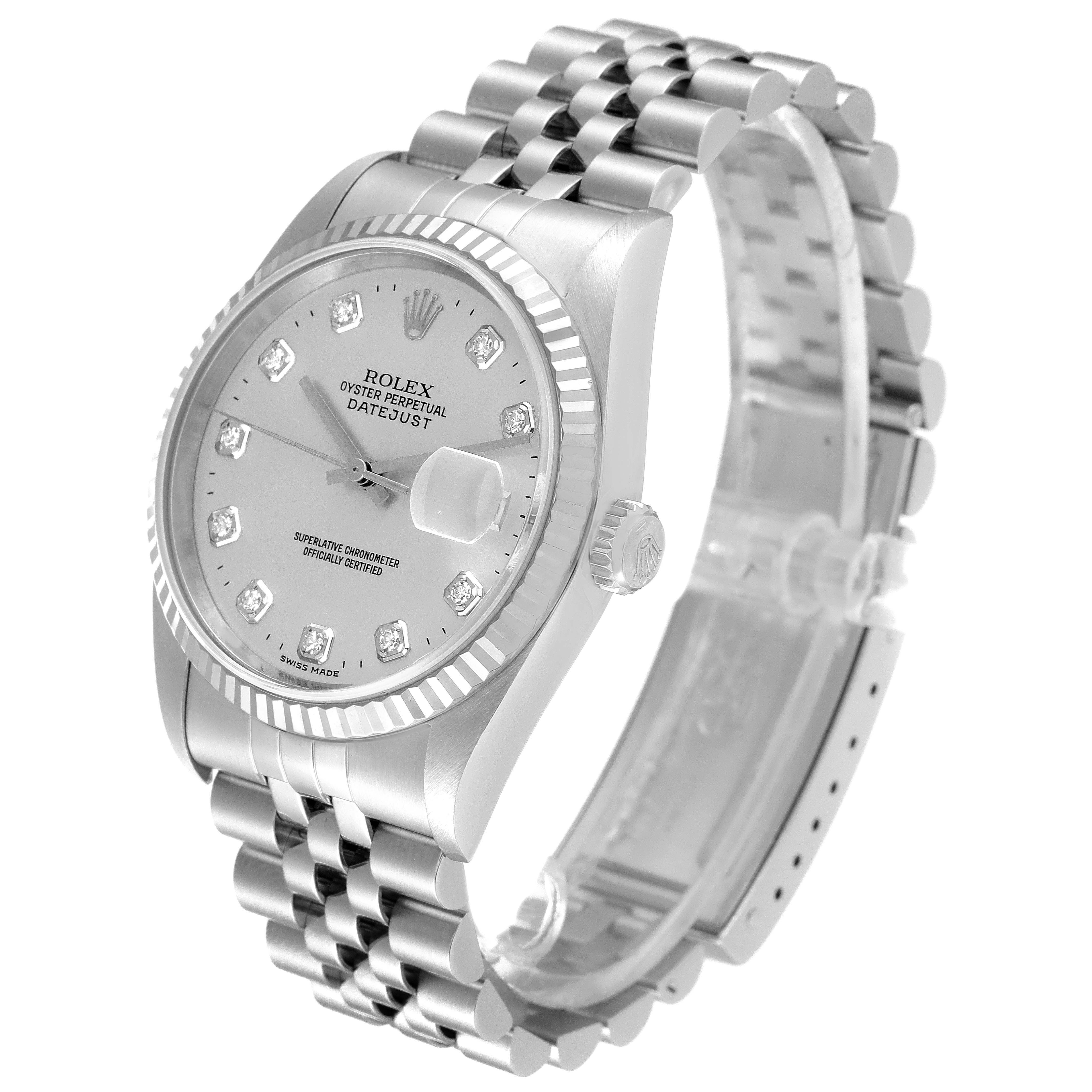 The image shows a Rolex Datejust 16234 Men's Stainless Steel Silver Dial 16234 Men's Stainless Steel Silver Dial watch at a three-quarter angle highlighting the dial, bezel, crown, and bracelet.