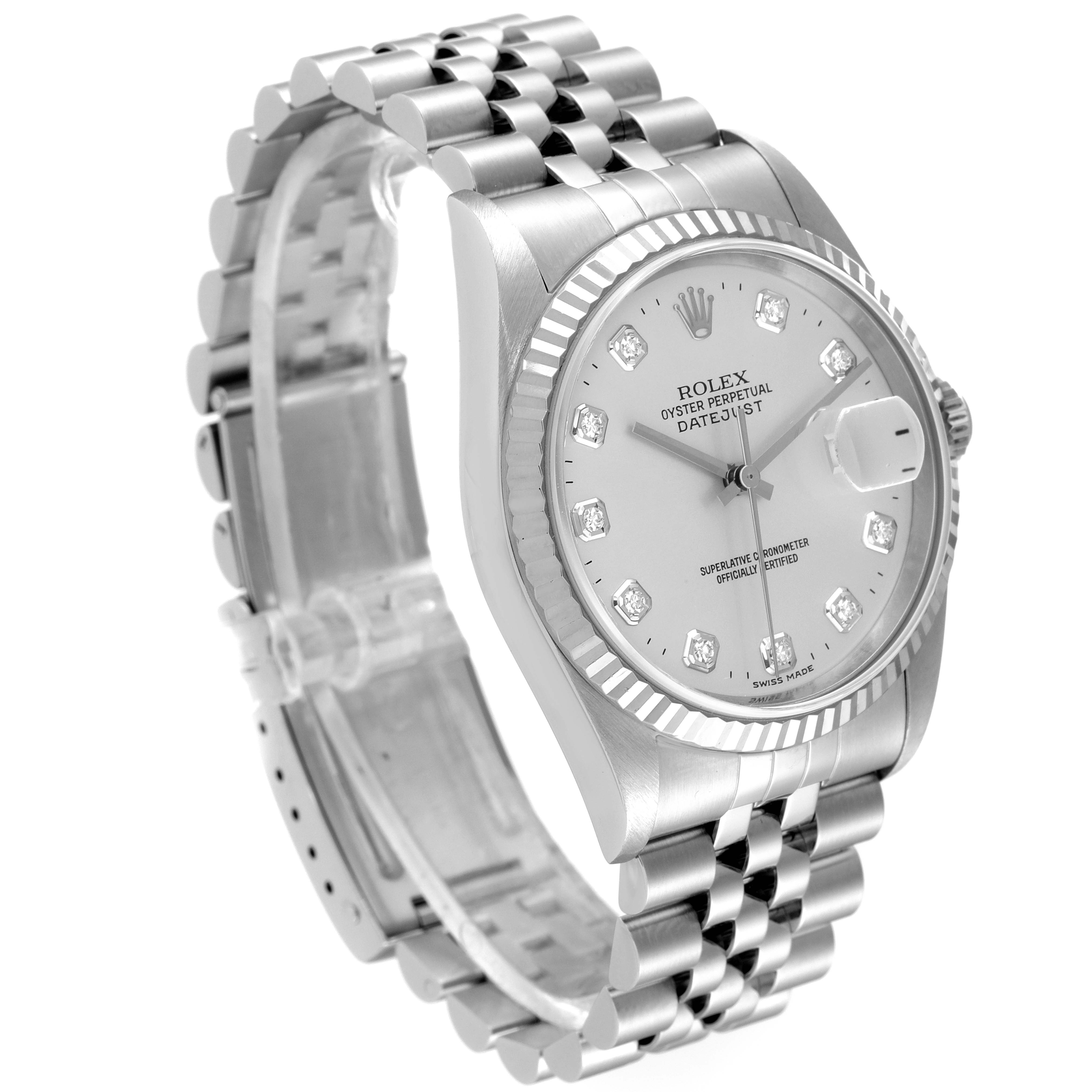 The image shows a Rolex Datejust 16234 Men's Stainless Steel Silver Dial 16234 Men's Stainless Steel Silver Dial watch at a three-quarter angle, highlighting its face, bracelet, and crown.