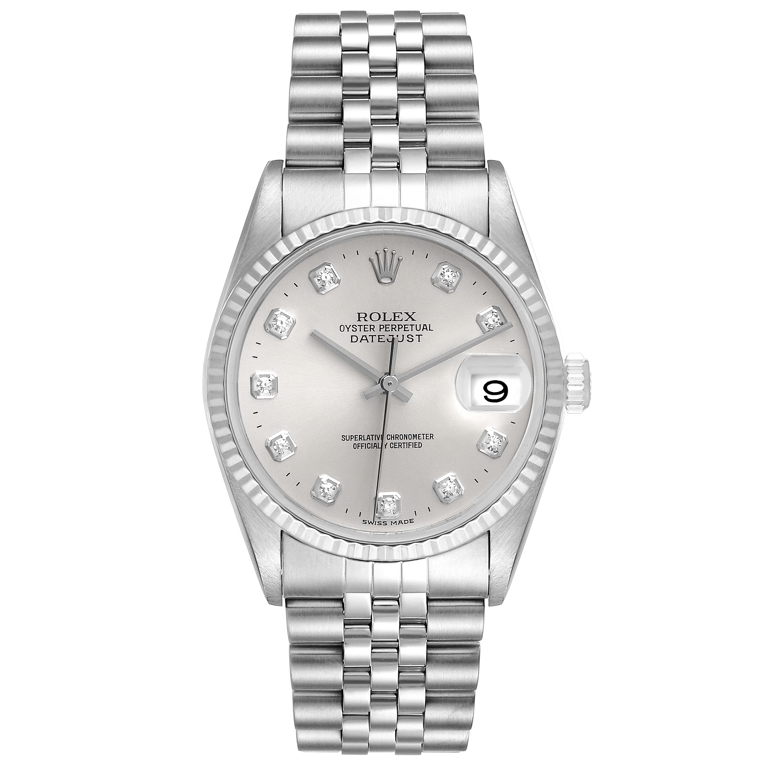 This Rolex Datejust 16234 Men's Stainless Steel Silver Dial 16234 Men's Stainless Steel Silver Dial watch is shown from the front, displaying the dial, bezel, crown, and bracelet.