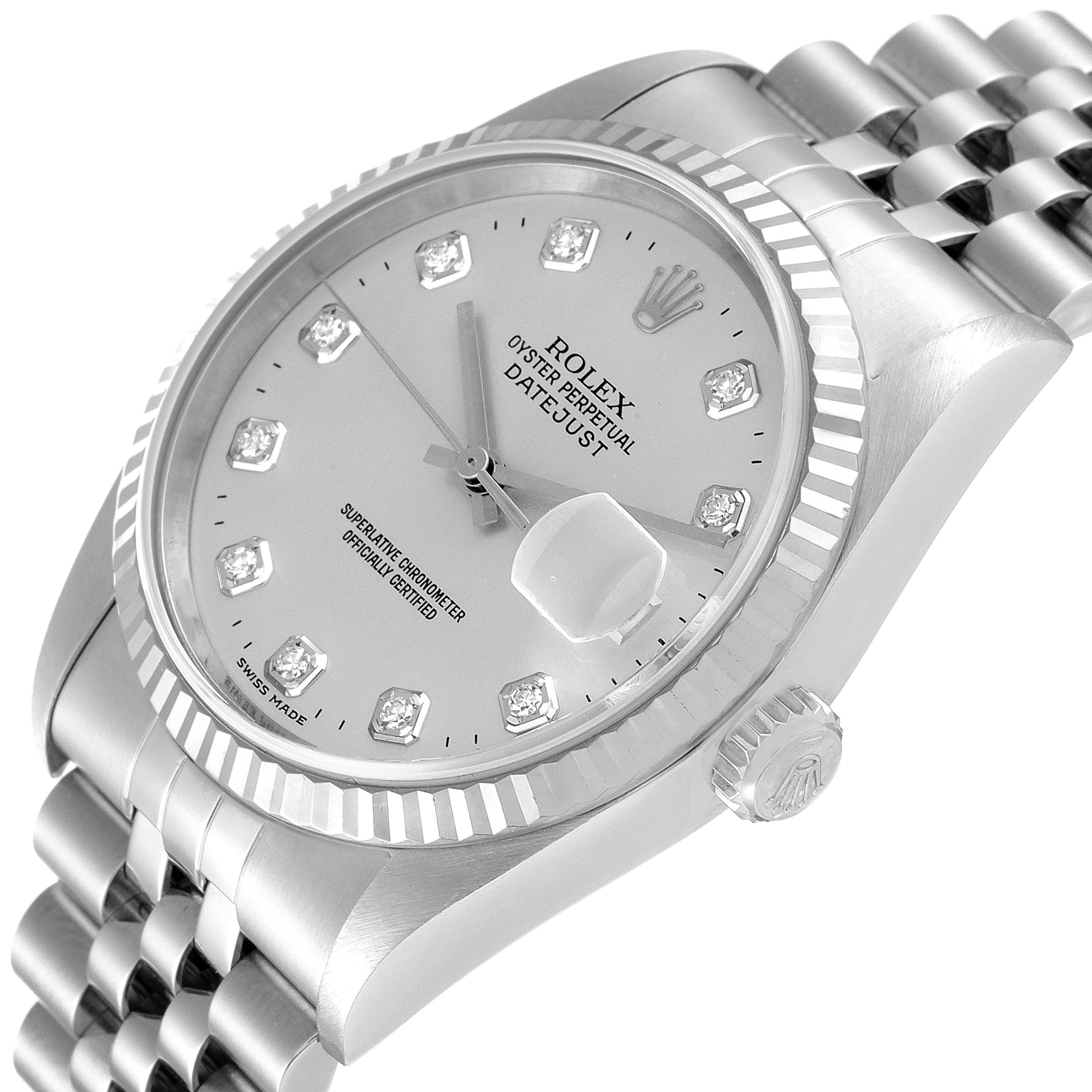 The image shows a Rolex Datejust 16234 Men's Stainless Steel Silver Dial 16234 Men's Stainless Steel Silver Dial watch from an angled side view, highlighting the face, bezel, crown, and part of the bracelet.