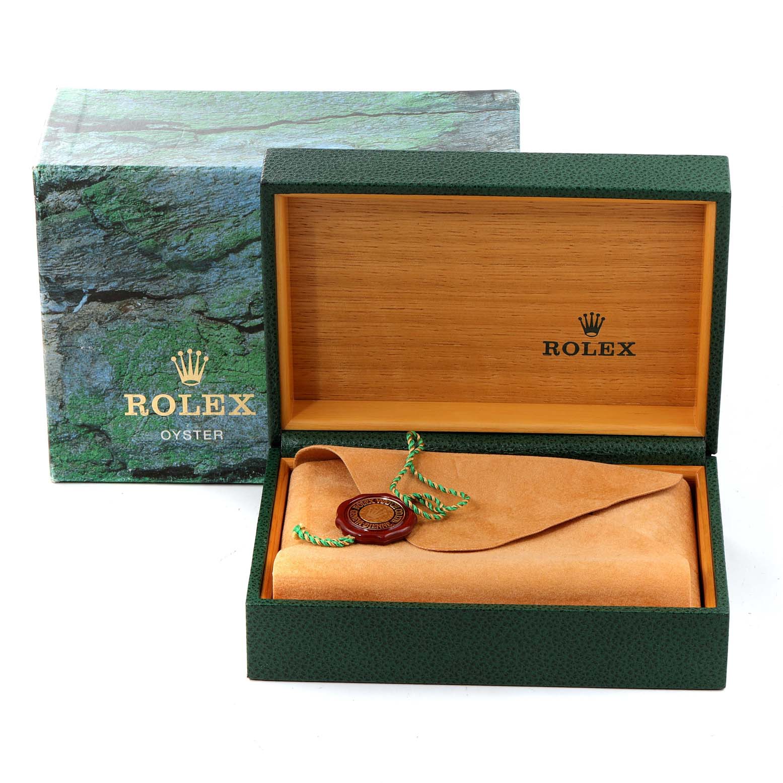 The image shows a Rolex Datejust 16234 Men's Stainless Steel Silver Dial 16234 Men's Stainless Steel Silver Dial watch box and a leather pouch inside a green textured case, along with its outer box.