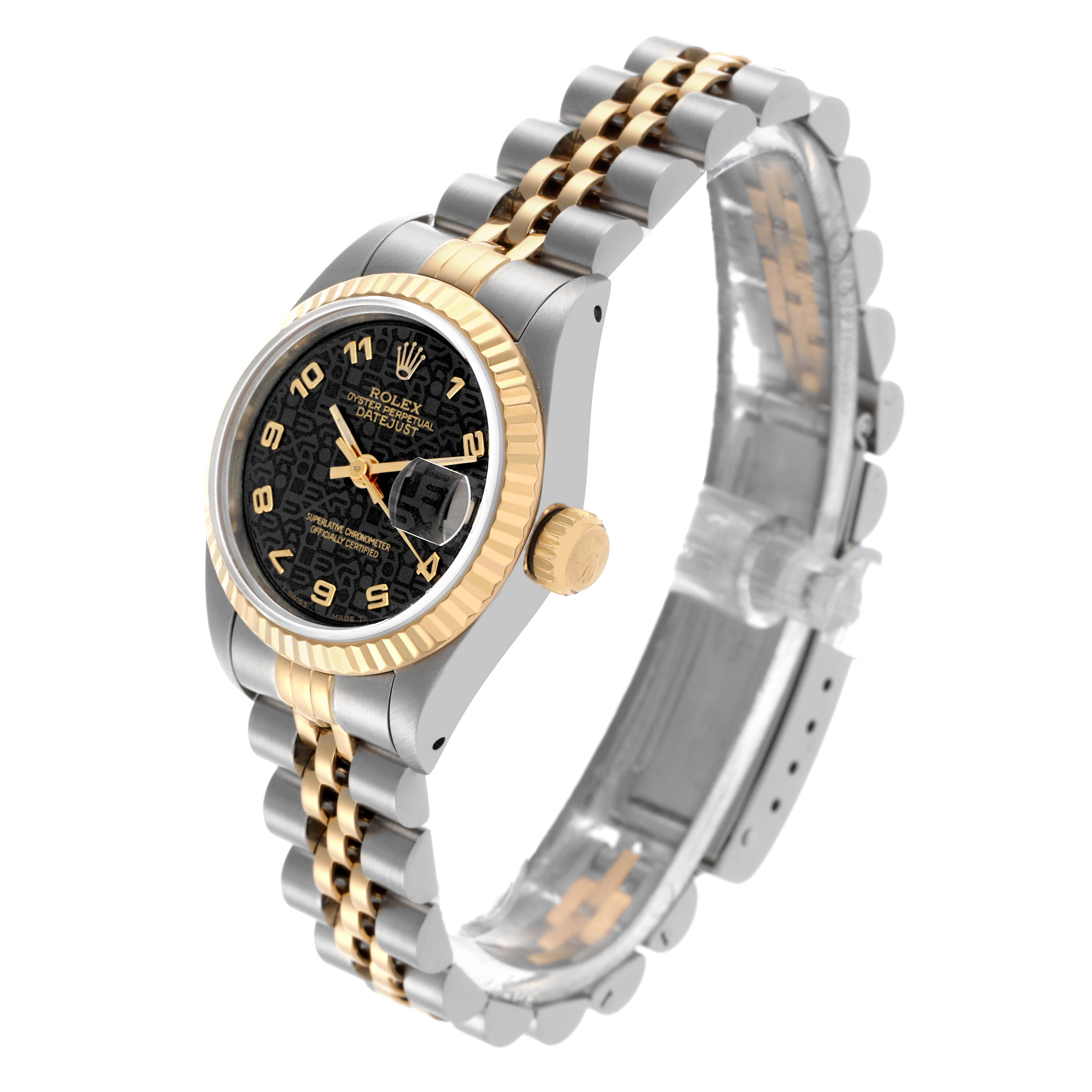 The Rolex Datejust 69173 Women's Steel and Gold (two tone) Black Dial 69173 Women's Steel and Gold (two tone) Black Dial watch is shown at a three-quarter angle highlighting the face, bezel, crown, and bracelet.
