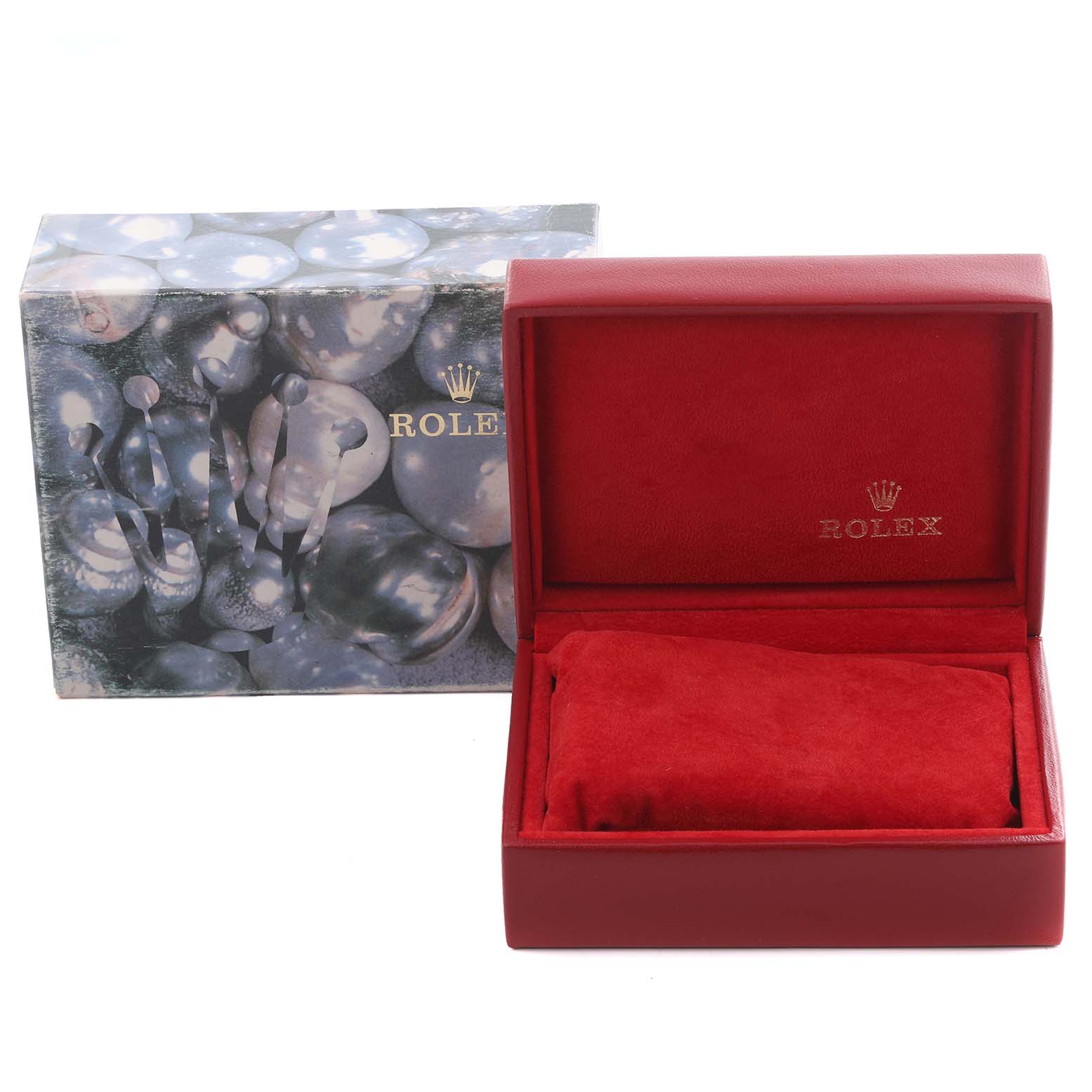 The image shows a Rolex Datejust 69173 Women's Steel and Gold (two tone) Black Dial 69173 Women's Steel and Gold (two tone) Black Dial watch box and outer packaging, with the box open to reveal a red interior.