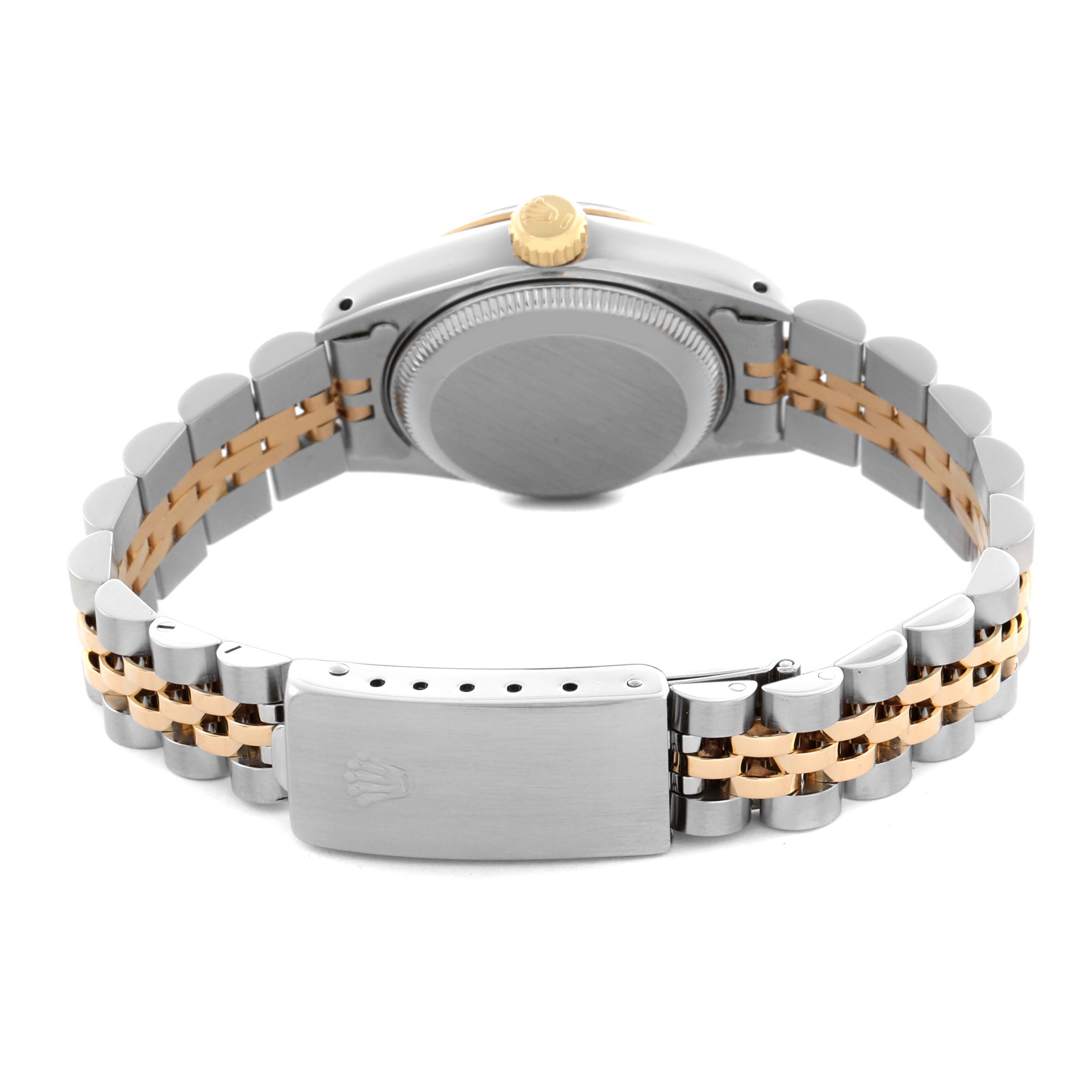 The image shows the back of a Rolex Datejust 69173 Women's Steel and Gold (two tone) Black Dial 69173 Women's Steel and Gold (two tone) Black Dial, highlighting the bracelet and clasp, with partial view of the case back and crown.