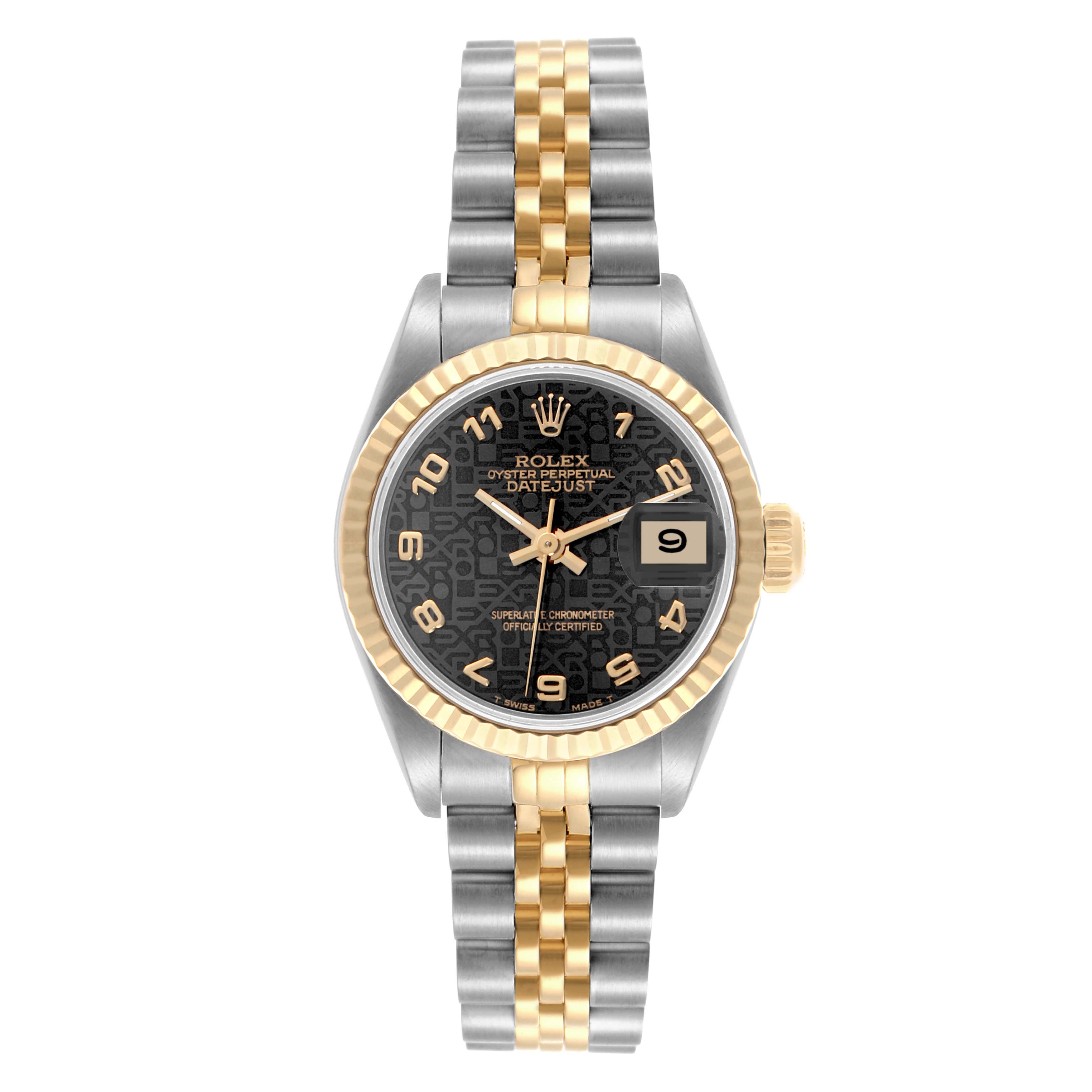 The Rolex Datejust 69173 Women's Steel and Gold (two tone) Black Dial 69173 Women's Steel and Gold (two tone) Black Dial watch is shown from a top-down angle, highlighting the face, bezel, and dual-tone bracelet.