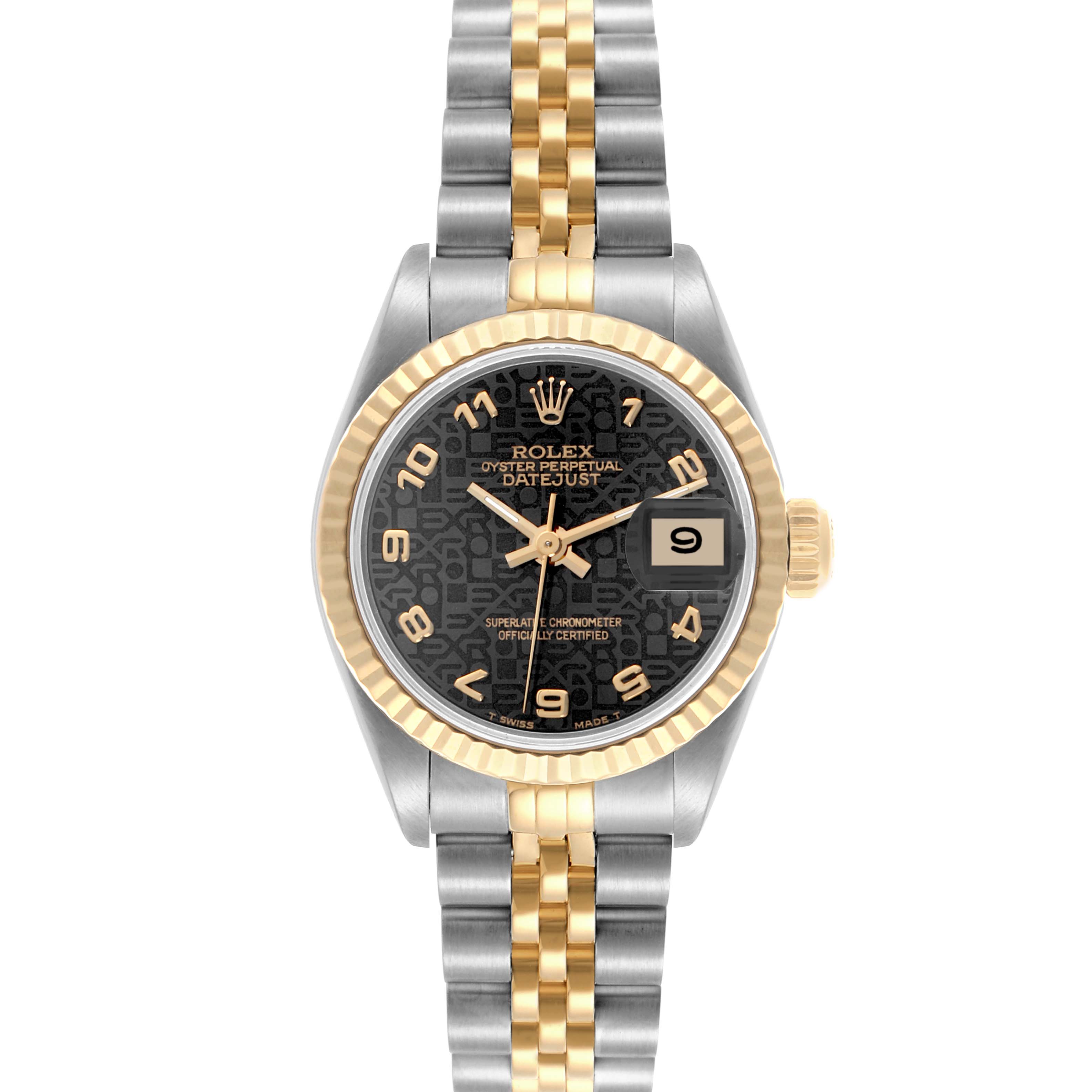 The Rolex Datejust 69173 Women's Steel and Gold (two tone) Black Dial 69173 Women's Steel and Gold (two tone) Black Dial watch is shown from a front angle, highlighting the two-tone bracelet, fluted bezel, and dial with a date window.