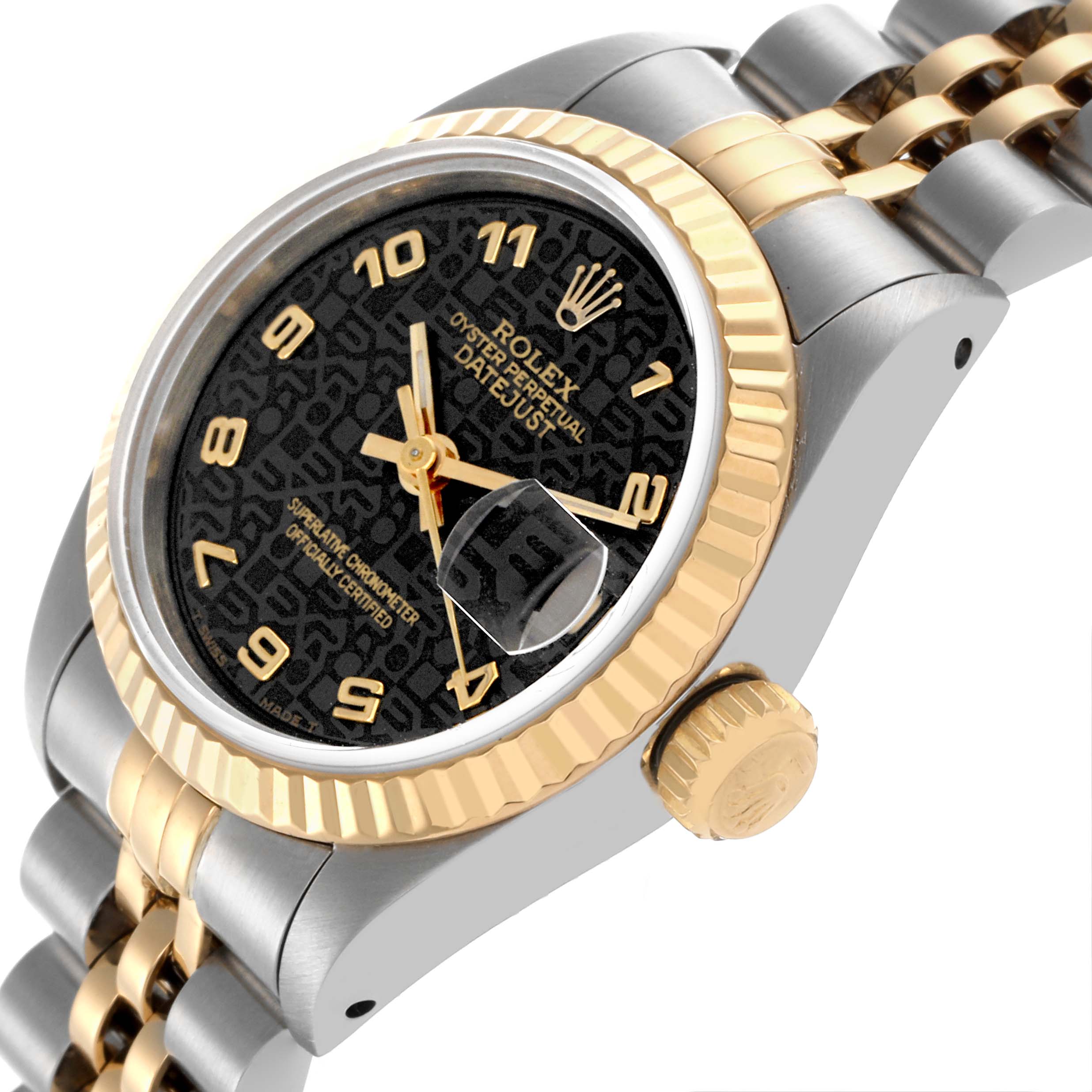 The Rolex Datejust 69173 Women's Steel and Gold (two tone) Black Dial 69173 Women's Steel and Gold (two tone) Black Dial watch is shown at an angled side view, highlighting the bezel, crown, bracelet, and detailed dial.