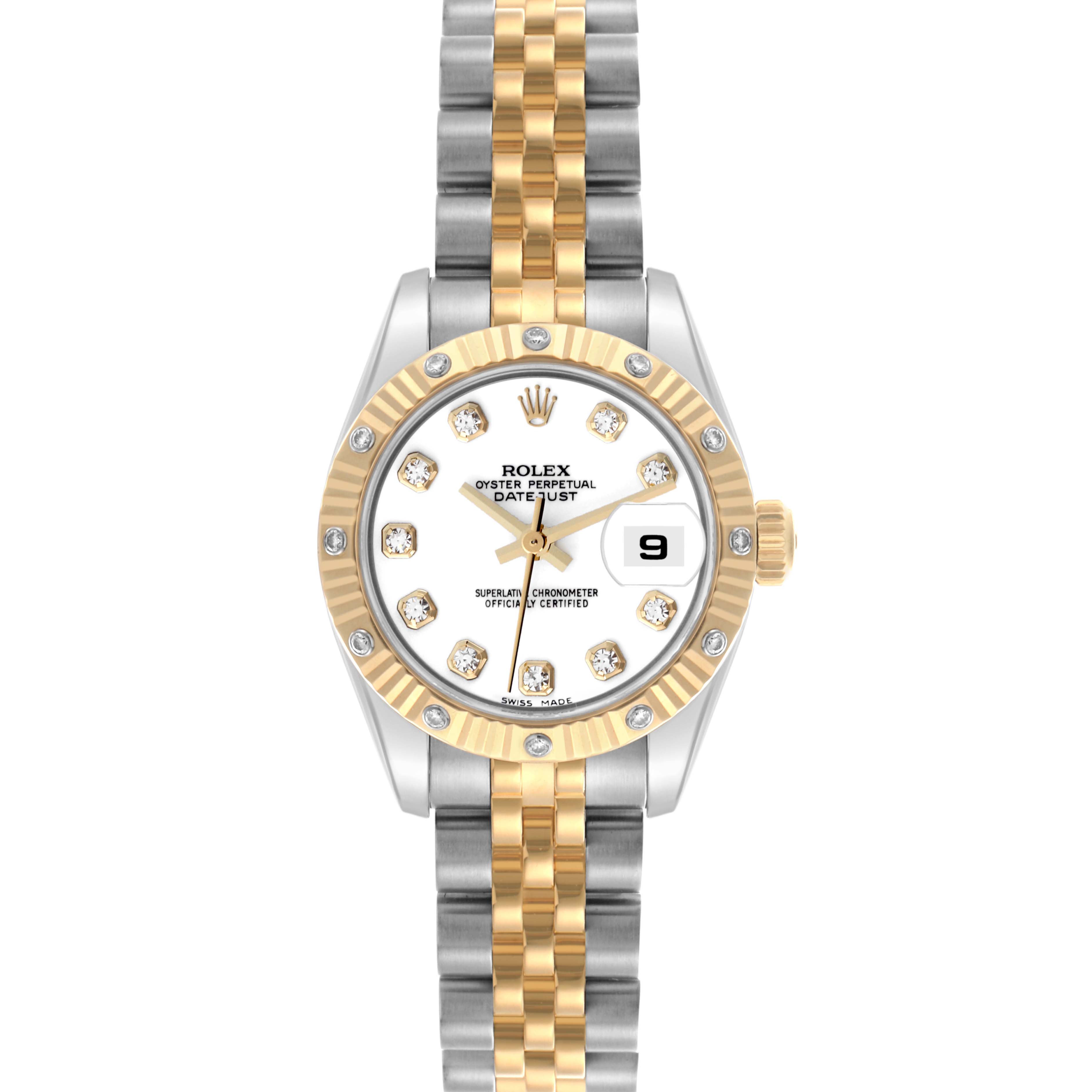 The Rolex Datejust 179313 Women's Steel and Gold (two tone) White Dial 179313 Women's Steel and Gold (two tone) White Dial watch is shown from a frontal angle, displaying its two-tone bracelet, diamond markers, and date window.