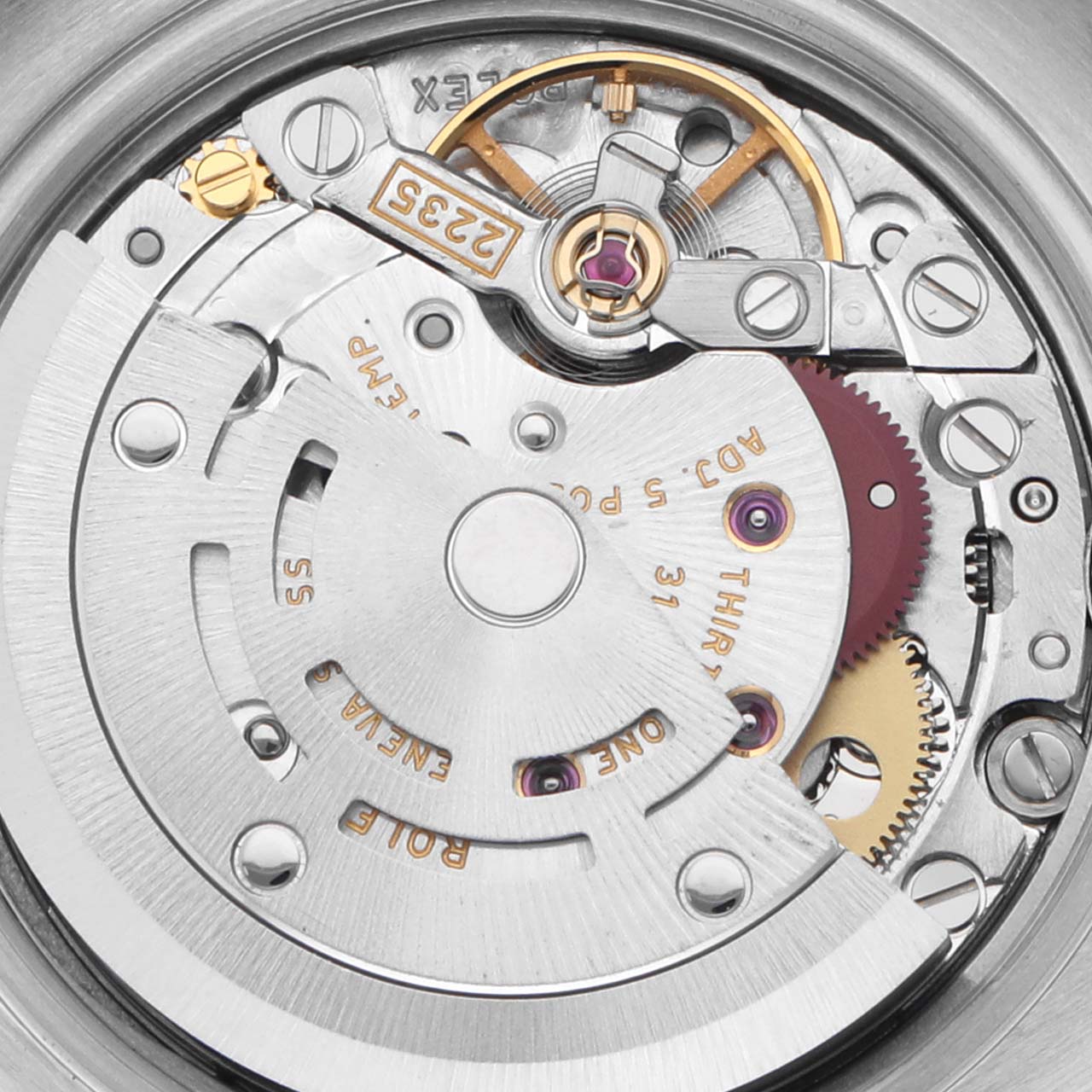This image shows the movement mechanism of a Rolex Datejust 179313 Women's Steel and Gold (two tone) White Dial 179313 Women's Steel and Gold (two tone) White Dial watch from a close-up angle.