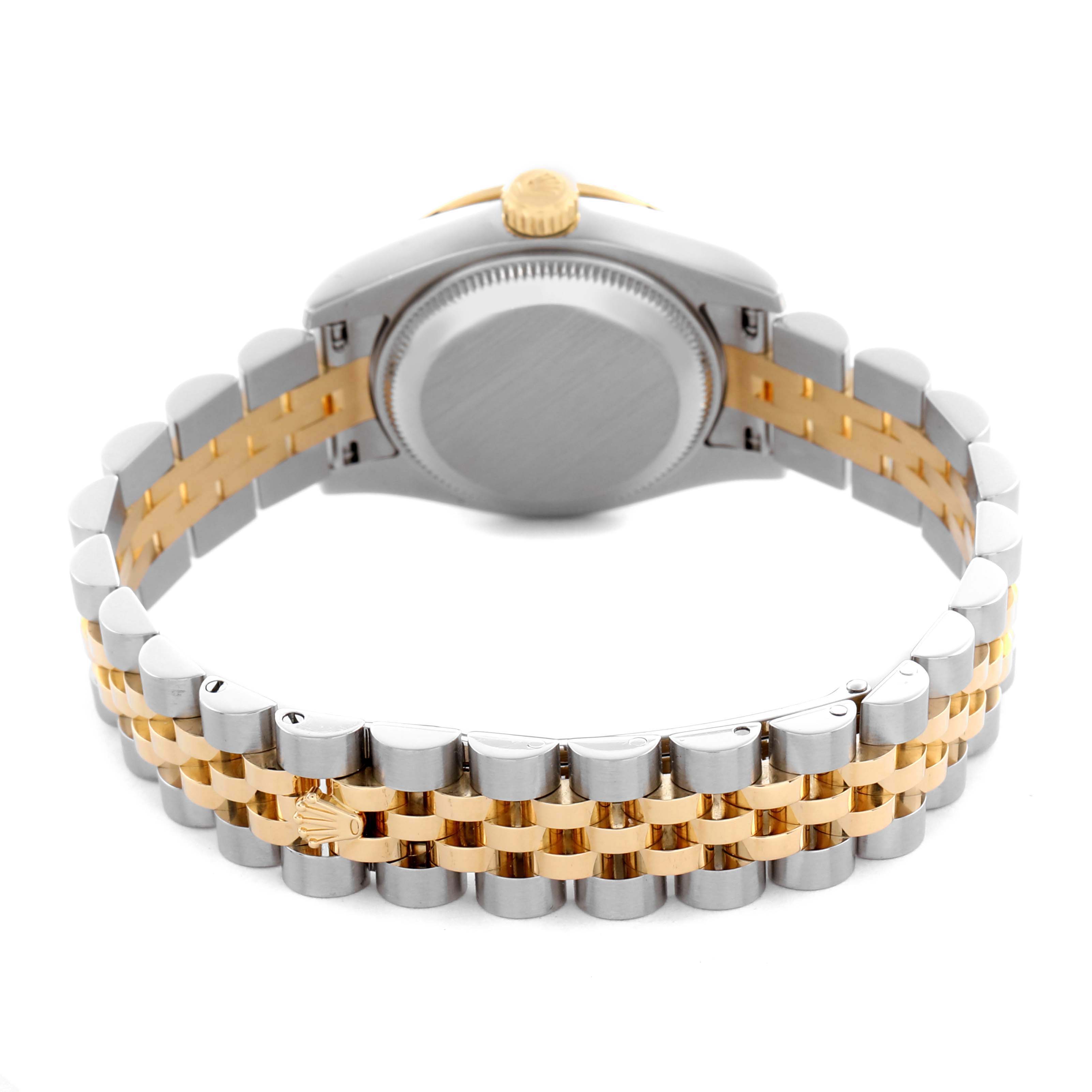 The image shows the back and bracelet of a Rolex Datejust 179313 Women's Steel and Gold (two tone) White Dial 179313 Women's Steel and Gold (two tone) White Dial, highlighting its two-tone metal design and clasp.