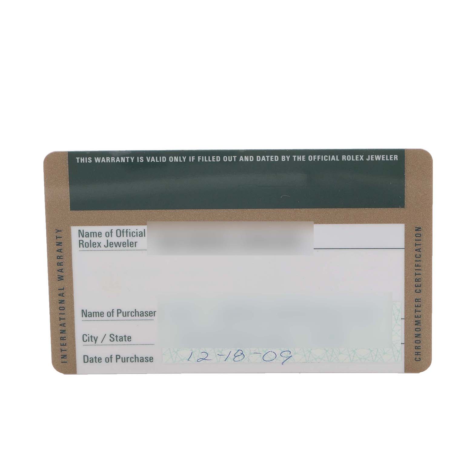 The image shows a warranty card for a Rolex Datejust 179313 Women's Steel and Gold (two tone) White Dial 179313 Women's Steel and Gold (two tone) White Dial watch, displaying purchase information fields.