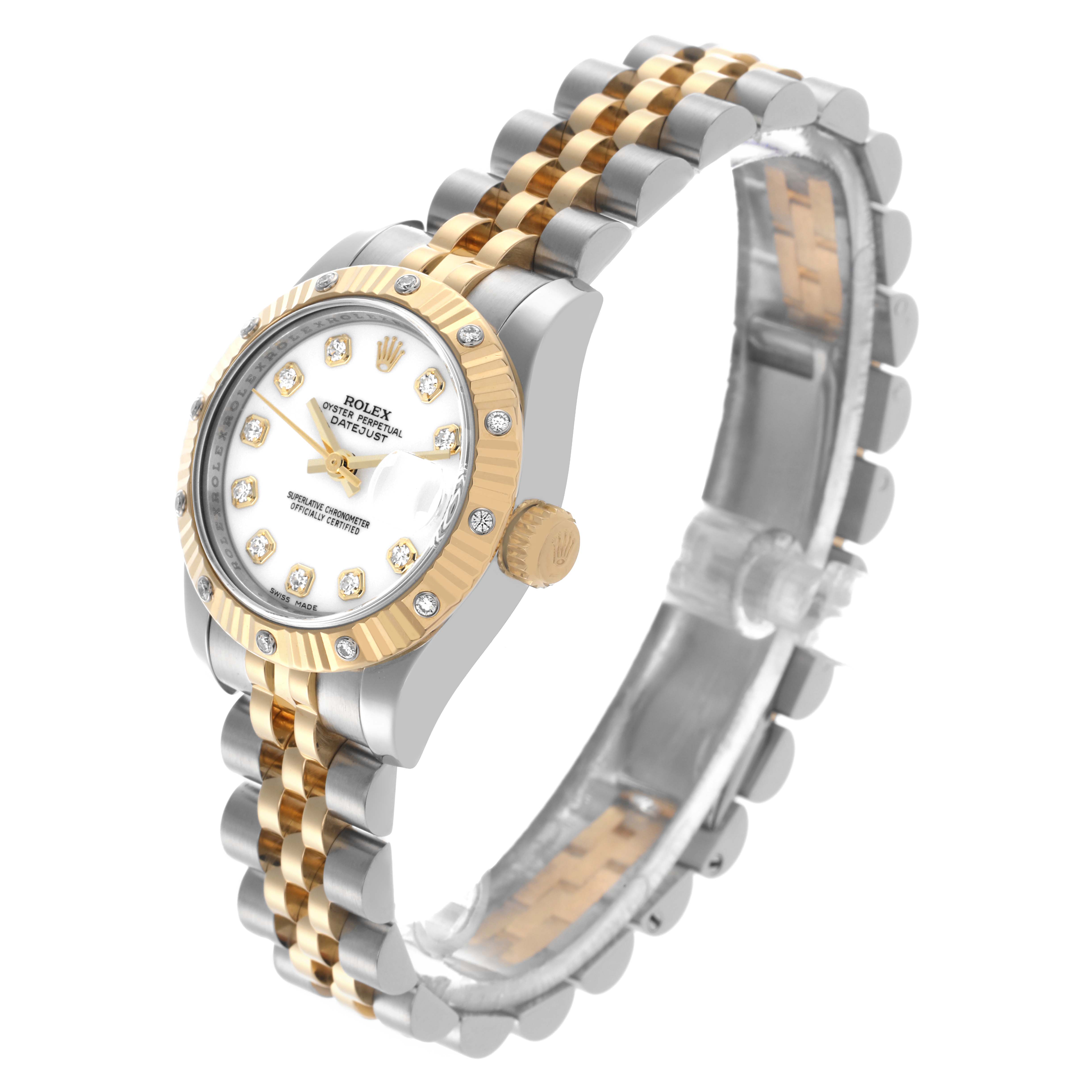 The Rolex Datejust 179313 Women's Steel and Gold (two tone) White Dial 179313 Women's Steel and Gold (two tone) White Dial watch is shown at an angled side view, highlighting the face, crown, bezel, and two-tone bracelet.