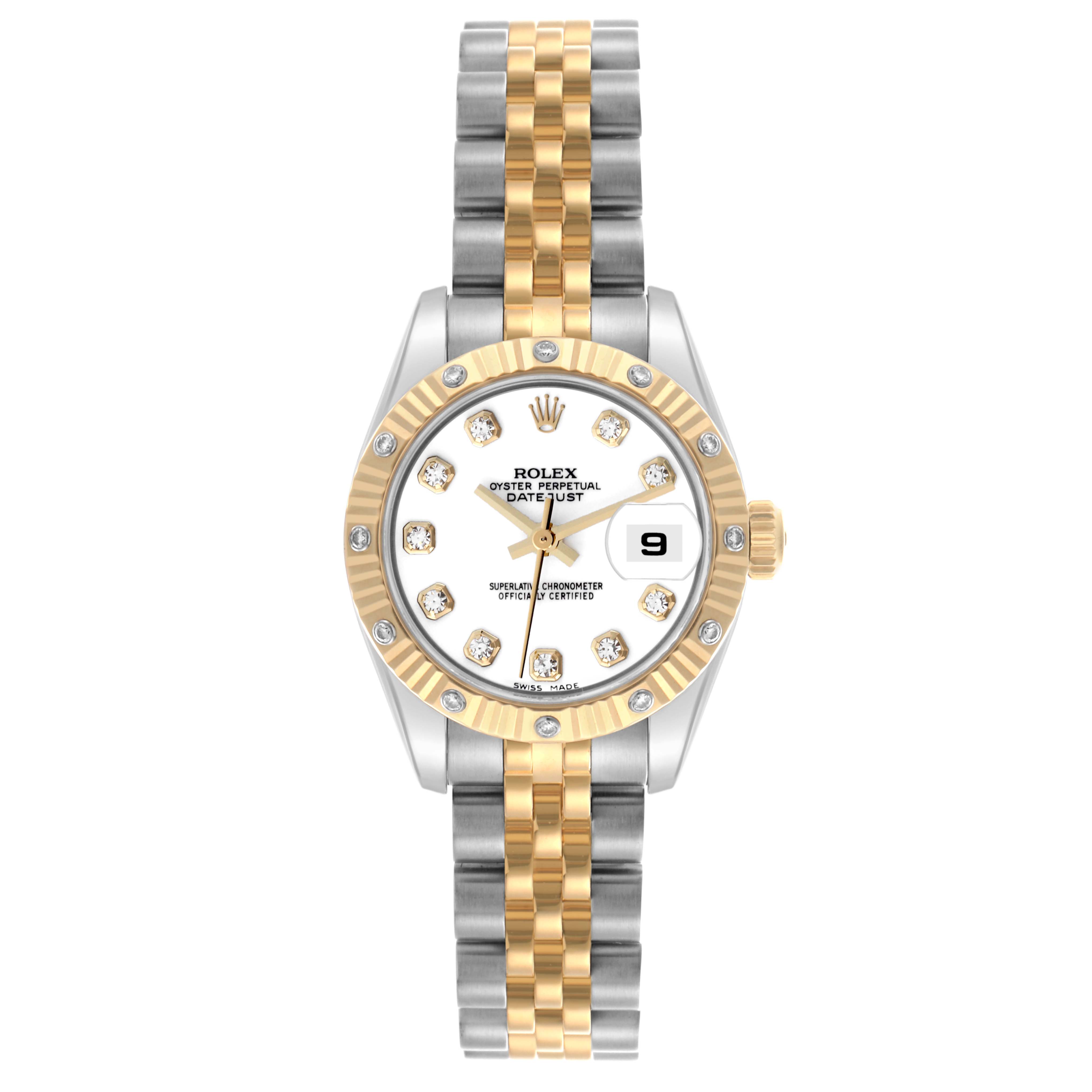 The Rolex Datejust 179313 Women's Steel and Gold (two tone) White Dial 179313 Women's Steel and Gold (two tone) White Dial watch is shown from a top-down angle, displaying its bezel, dial, bracelet, and crown.