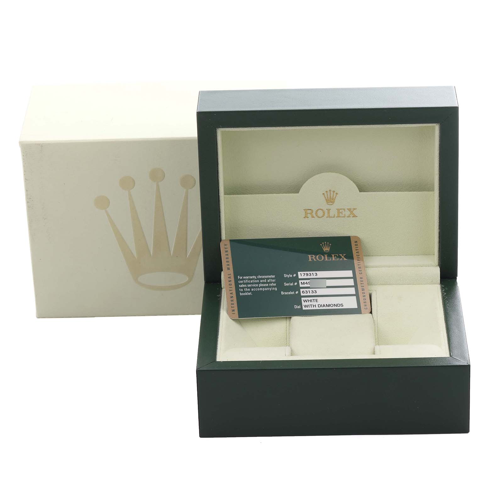 The image shows a Rolex Datejust 179313 Women's Steel and Gold (two tone) White Dial 179313 Women's Steel and Gold (two tone) White Dial watch box with authentication card, viewed from the front, displaying the interior and branding.