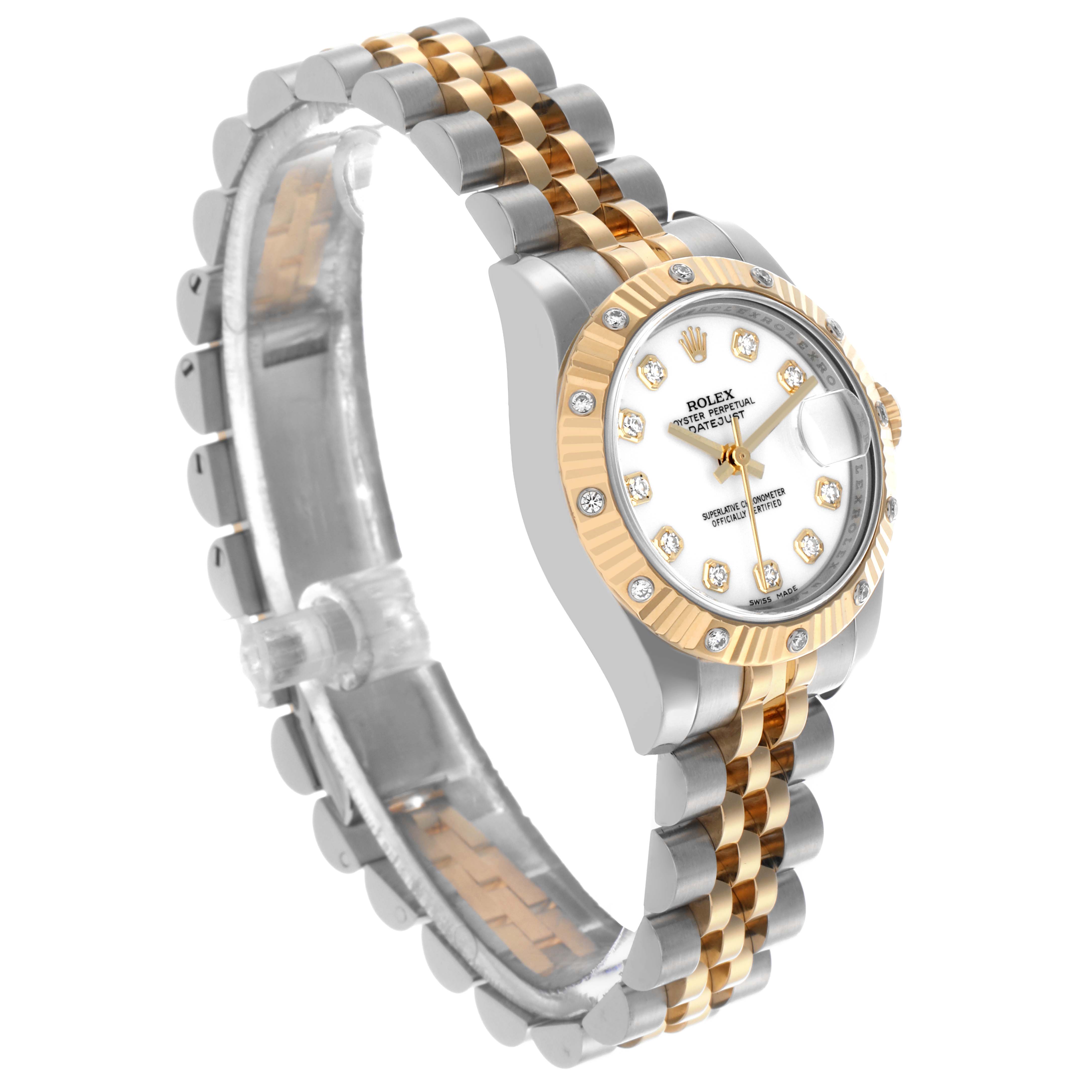 The Rolex Datejust 179313 Women's Steel and Gold (two tone) White Dial 179313 Women's Steel and Gold (two tone) White Dial watch is shown at a three-quarter angle, displaying its gold and silver bracelet, bezel, and diamond-accented dial.