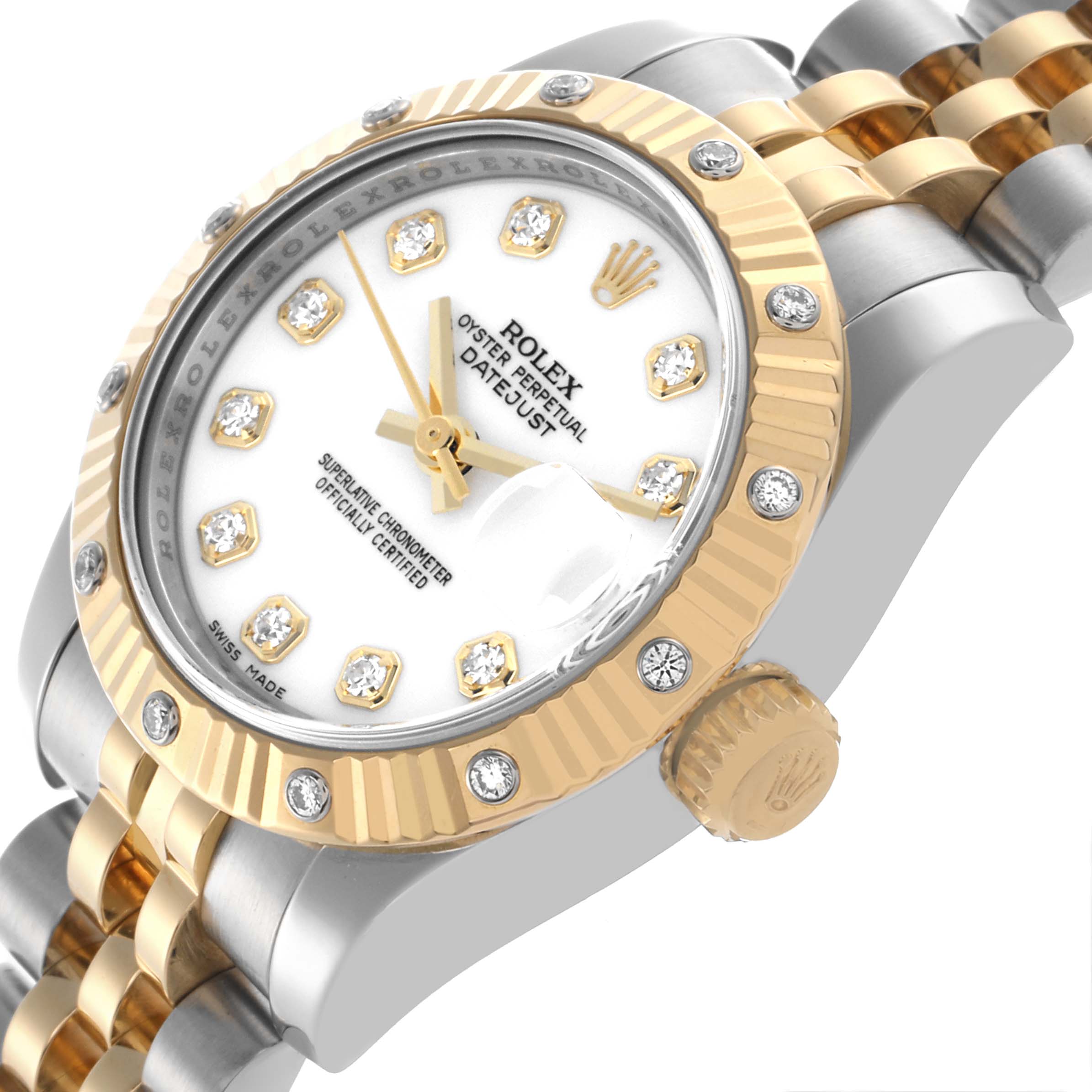 The Rolex Datejust 179313 Women's Steel and Gold (two tone) White Dial 179313 Women's Steel and Gold (two tone) White Dial watch is shown from an angled perspective, highlighting the dial, bezel, crown, and part of the bracelet.