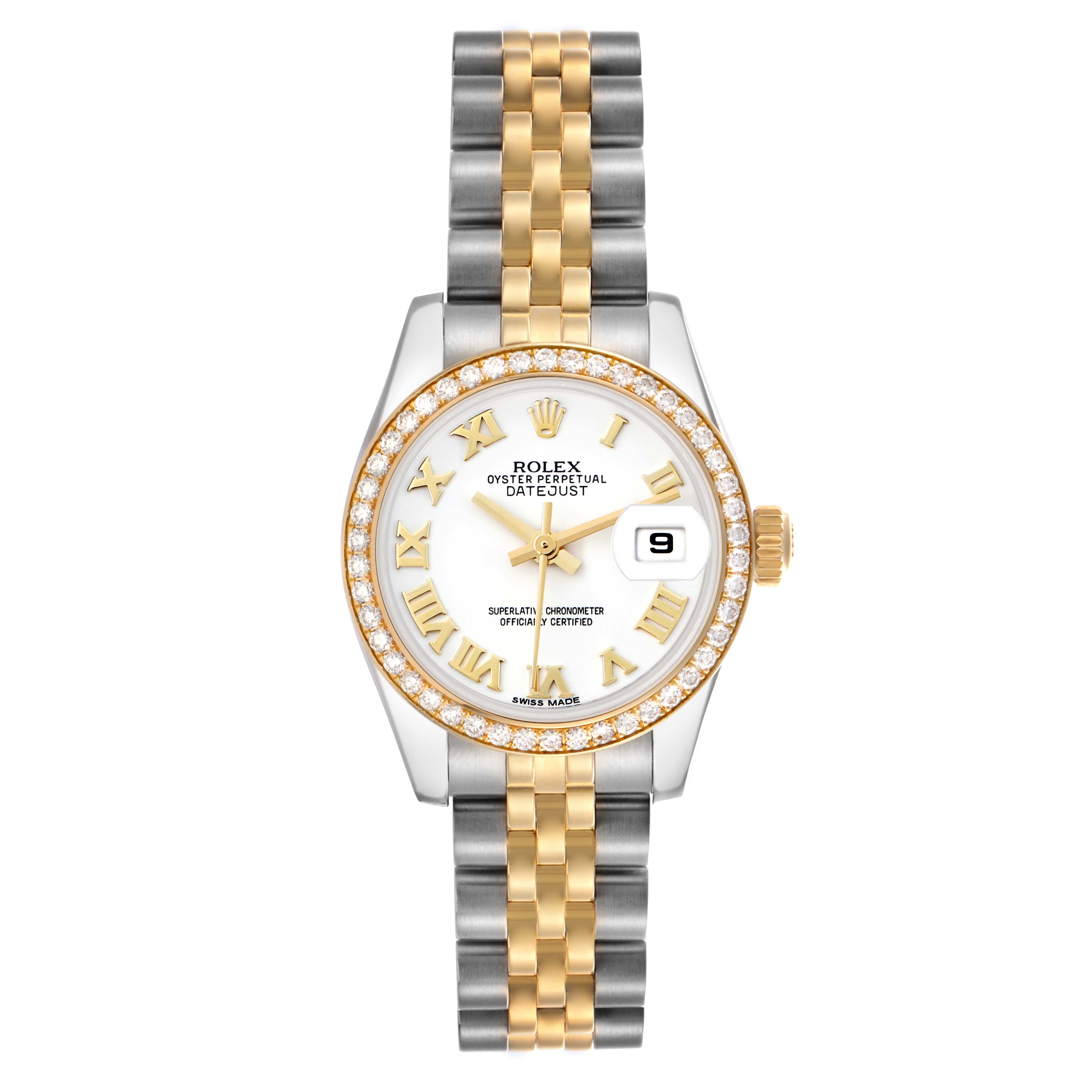 The Rolex Datejust 179383 Women's Steel and Gold (two tone) White Dial 179383 Women's Steel and Gold (two tone) White Dial watch is shown from a top view, displaying the face, diamond bezel, two-tone bracelet, and date window.