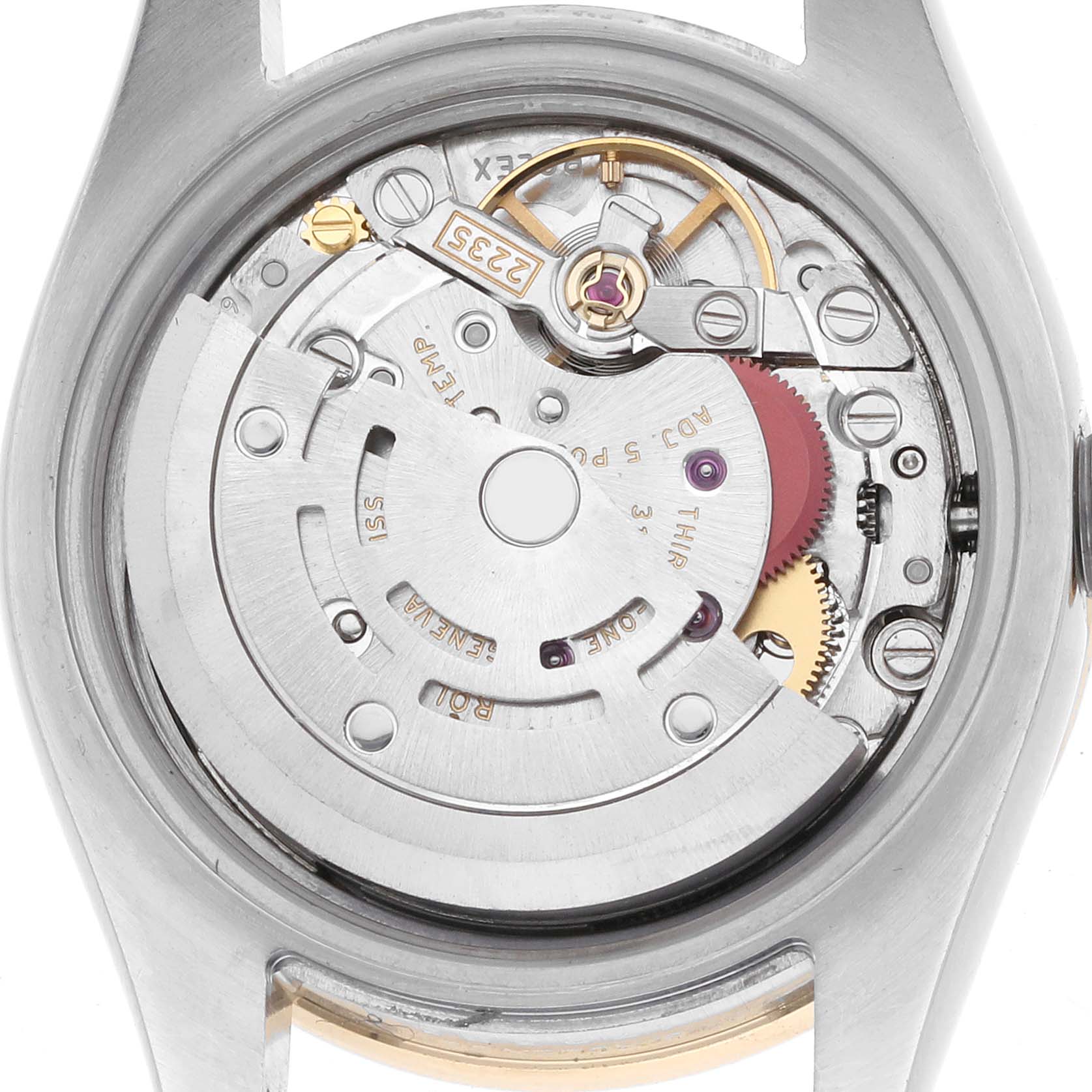 The image shows the movement and inner mechanism of a Rolex Datejust 179383 Women's Steel and Gold (two tone) White Dial 179383 Women's Steel and Gold (two tone) White Dial watch from the back view.